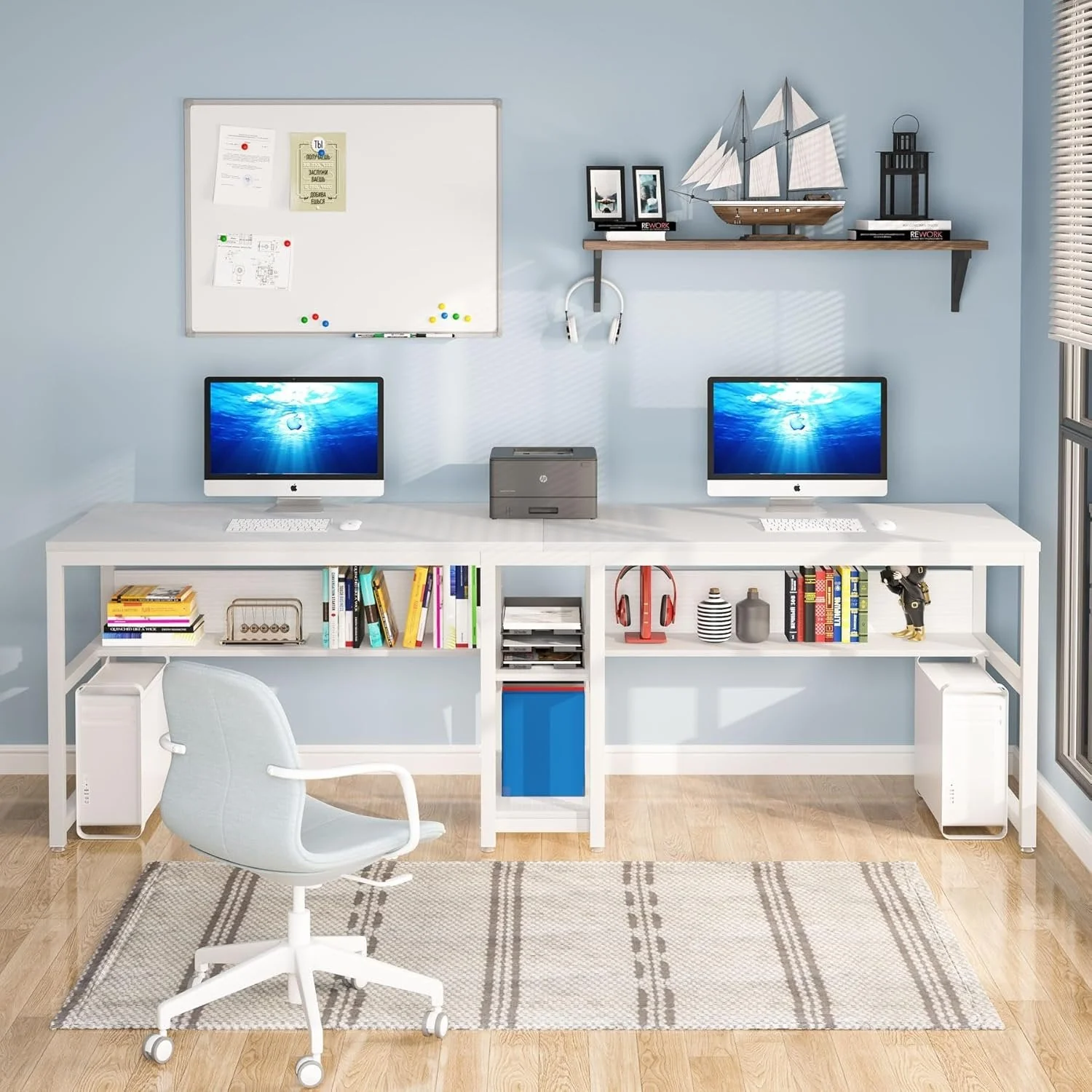 78.7" Two Person Desk, Double Computer Desk with Bookshelf - Image 4