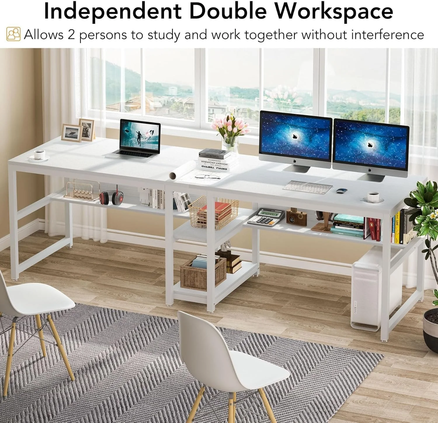 78.7" Two Person Desk, Double Computer Desk with Bookshelf - Image 5