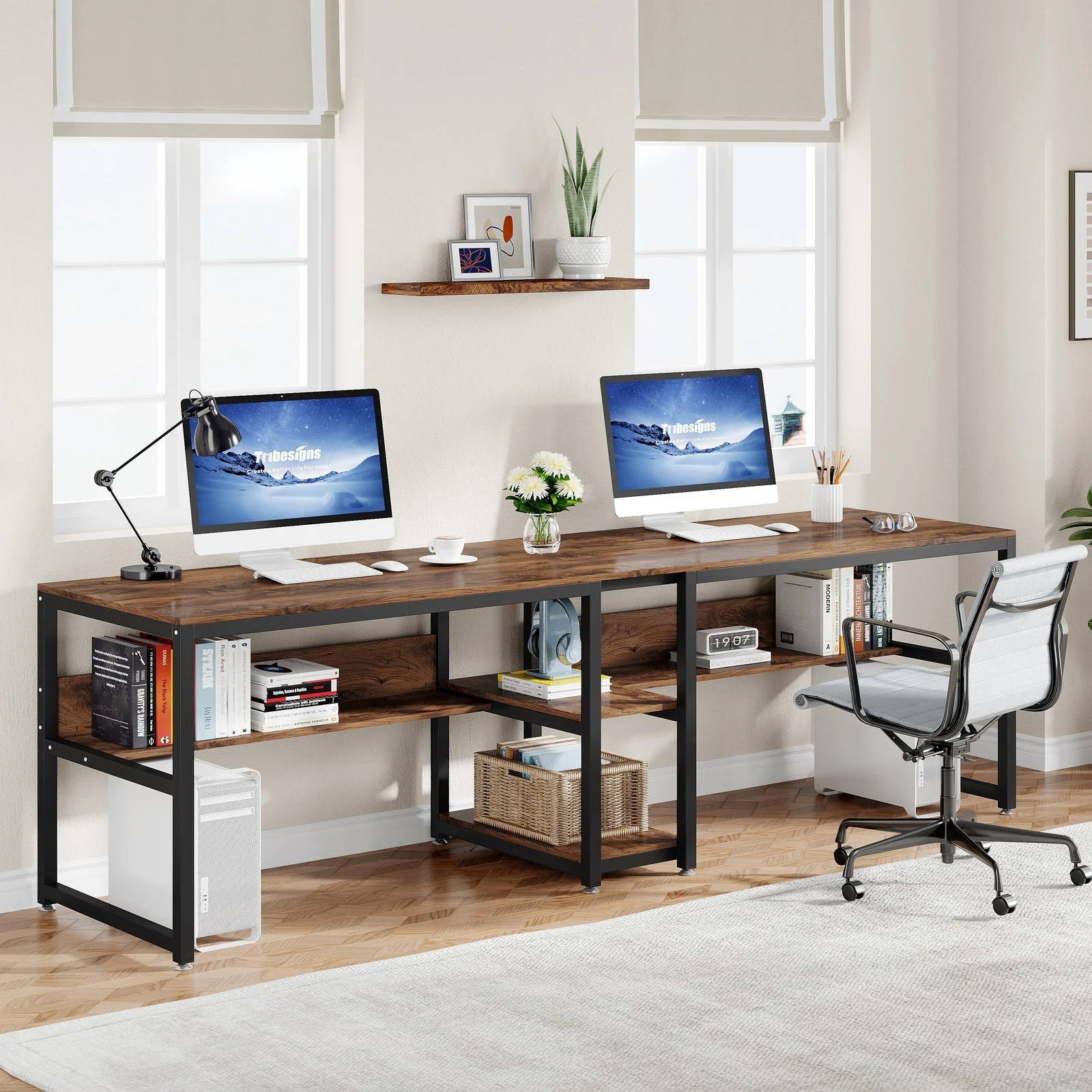 78.7" Two Person Desk, Double Computer Desk with Bookshelf - Image 6