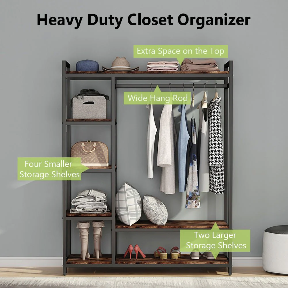 Freestanding Closet Organizer with 6 Shelves and Hanging Bar - Image 4