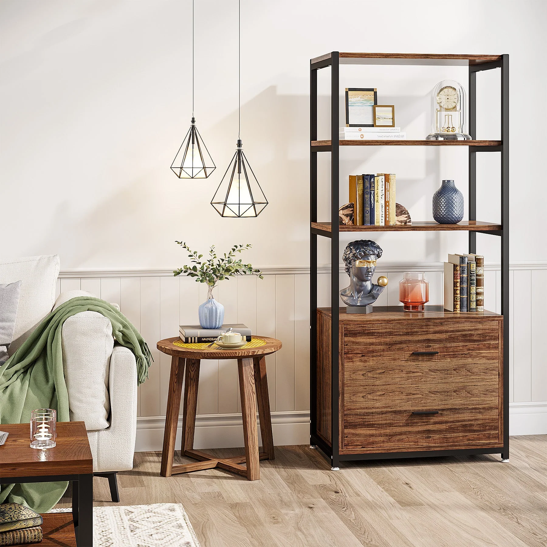 4-Tier Bookshelf Etagere Display Bookcase with 2 Drawers - Image 4