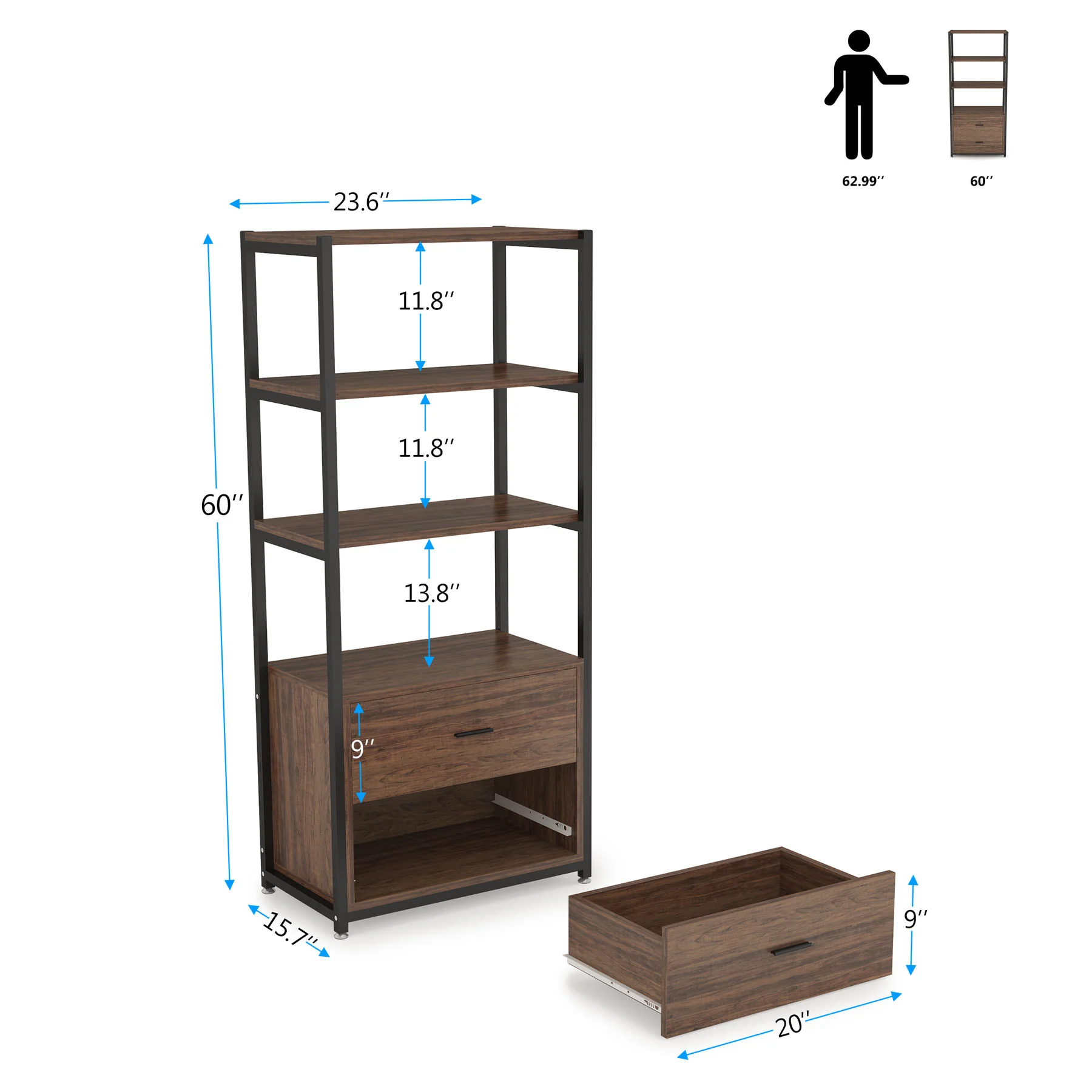 4-Tier Bookshelf Etagere Display Bookcase with 2 Drawers - Image 7