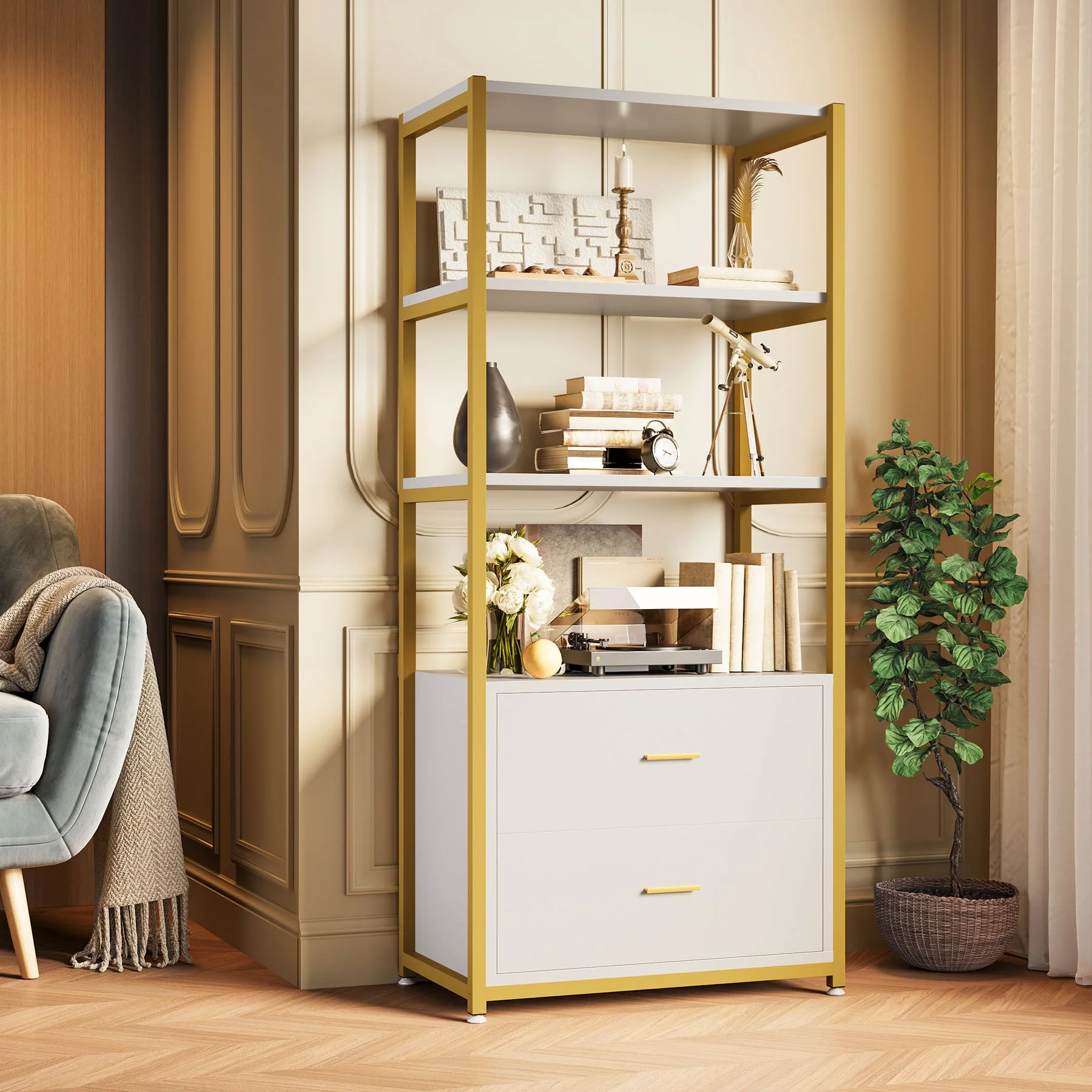 4-Tier Bookshelf Etagere Display Bookcase with 2 Drawers - Image 8