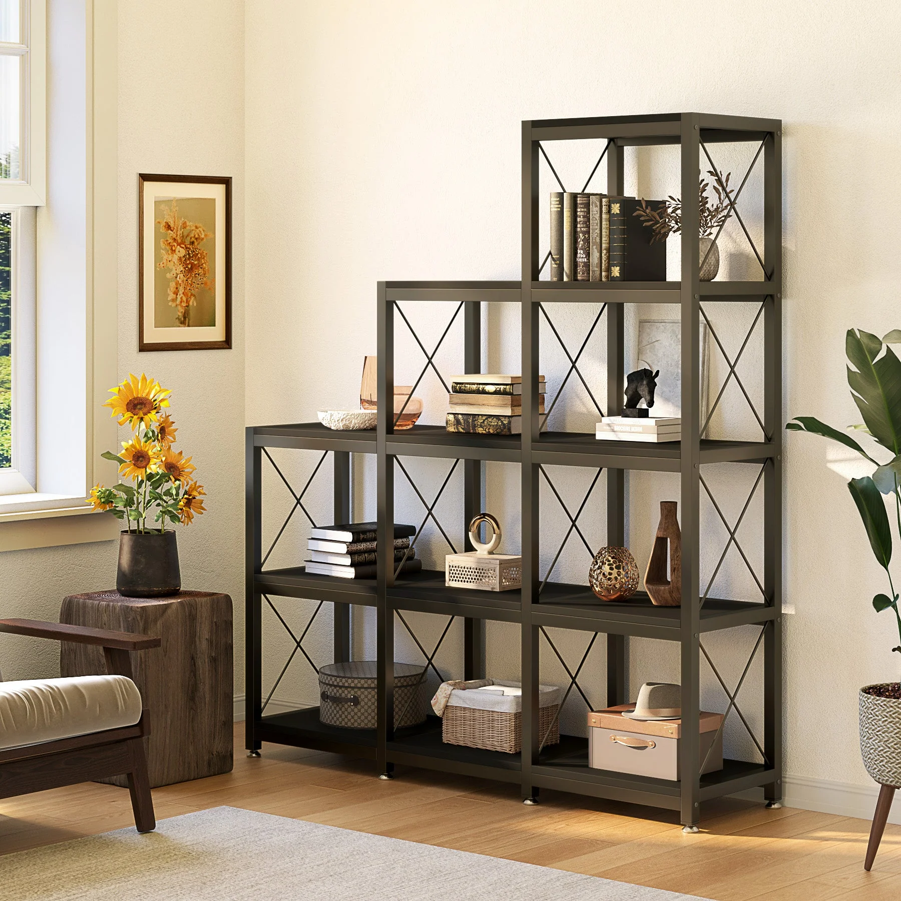 L-Shaped Ladder 9 Cubes Bookshelf, 12 Shelves Industrial Corner Etagere Bookcase - Image 3