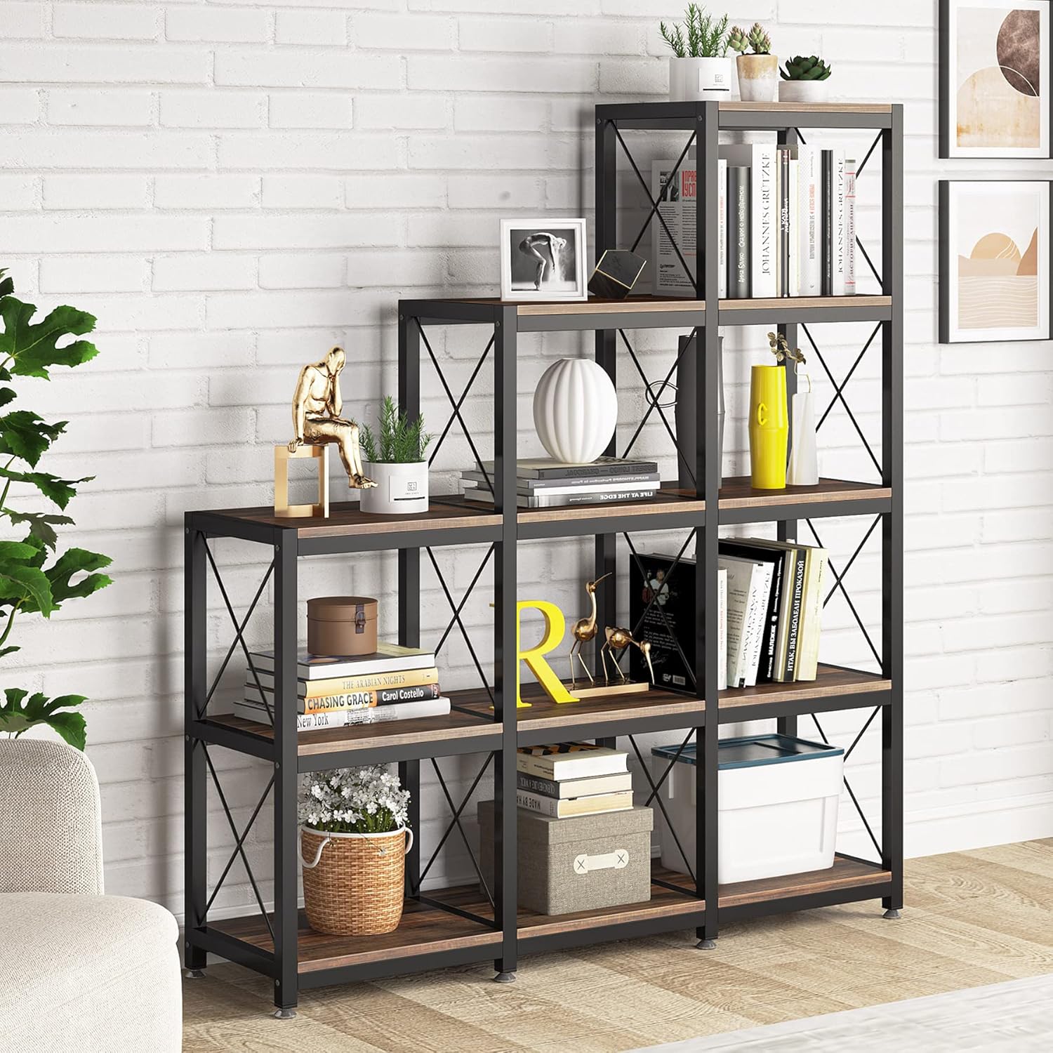 L-Shaped Ladder 9 Cubes Bookshelf, 12 Shelves Industrial Corner Etagere Bookcase - Image 5