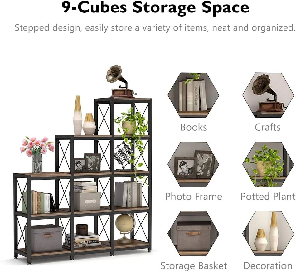 L-Shaped Ladder 9 Cubes Bookshelf, 12 Shelves Industrial Corner Etagere Bookcase - Image 7