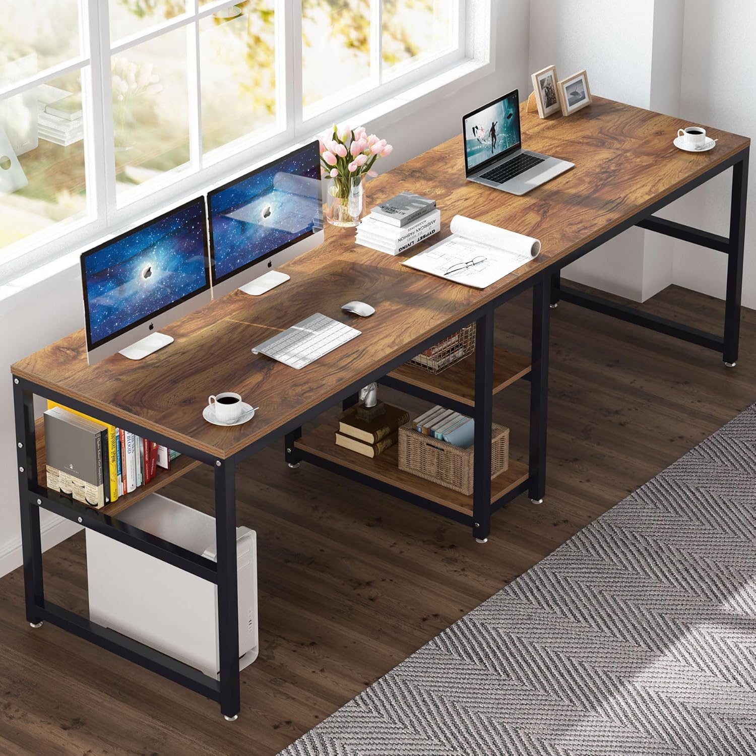 78.7" Two Person Desk, Computer Desk Double Workstation with Shelves - Image 4