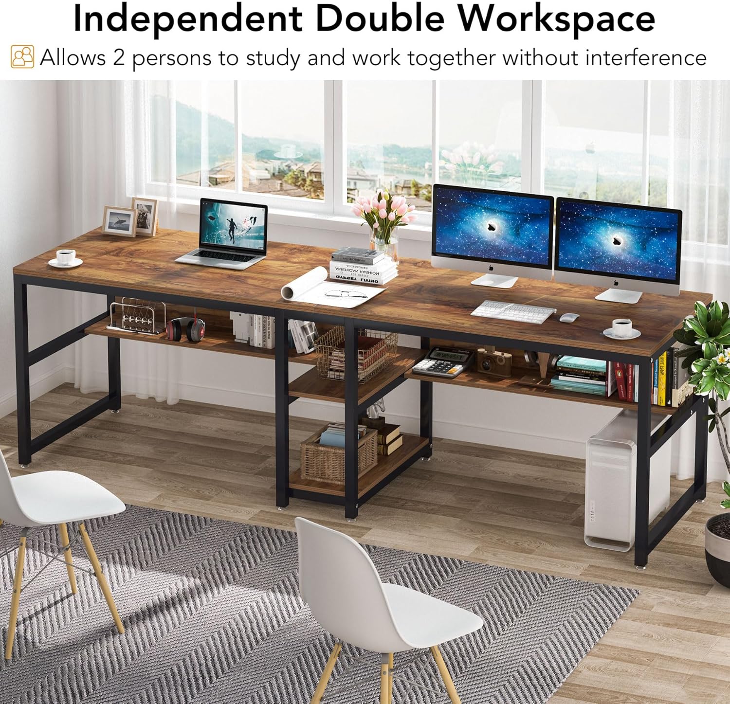 78.7" Two Person Desk, Computer Desk Double Workstation with Shelves - Image 6