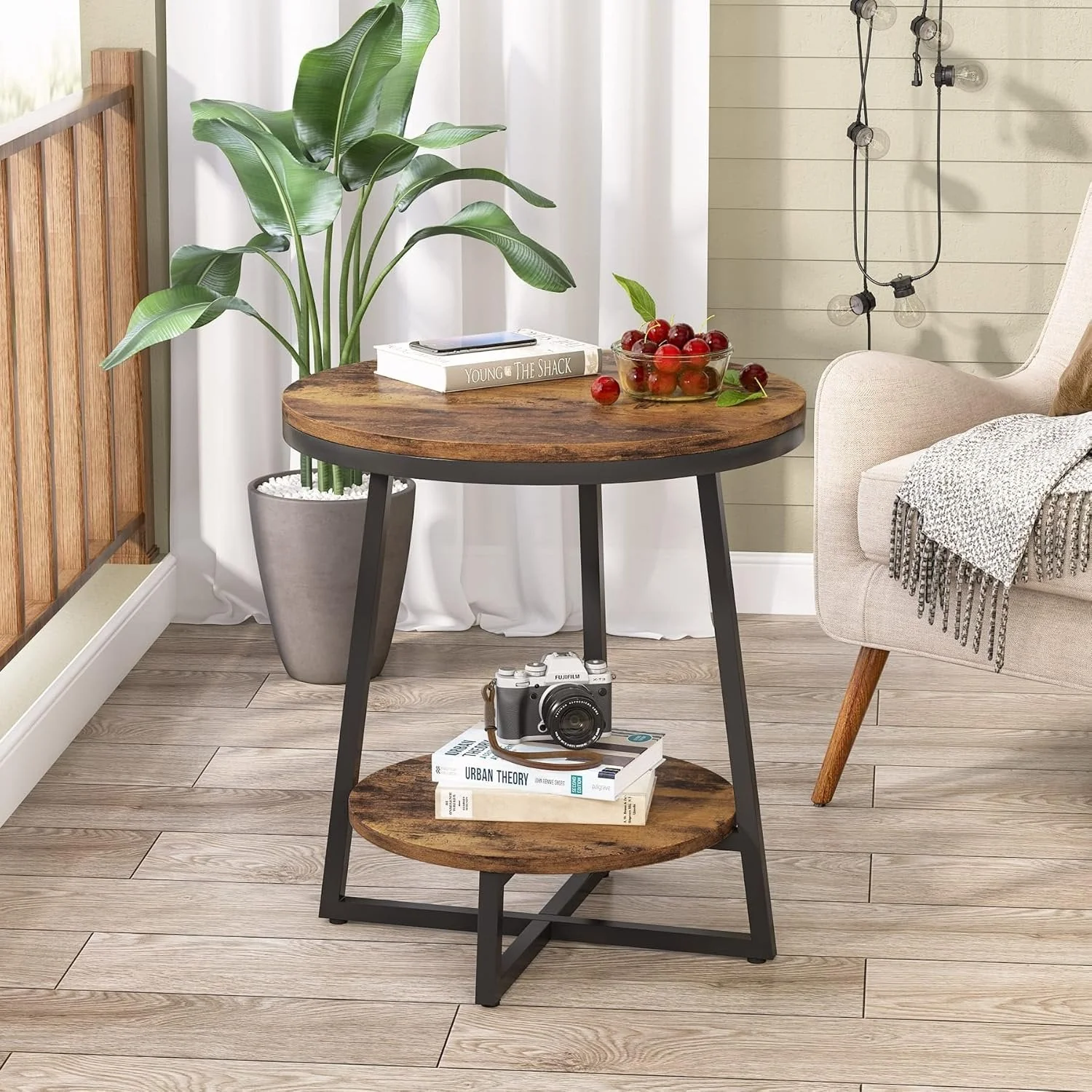2-Tier End Table, Round Accent Bedside Table with Storage Shelf - Image 3