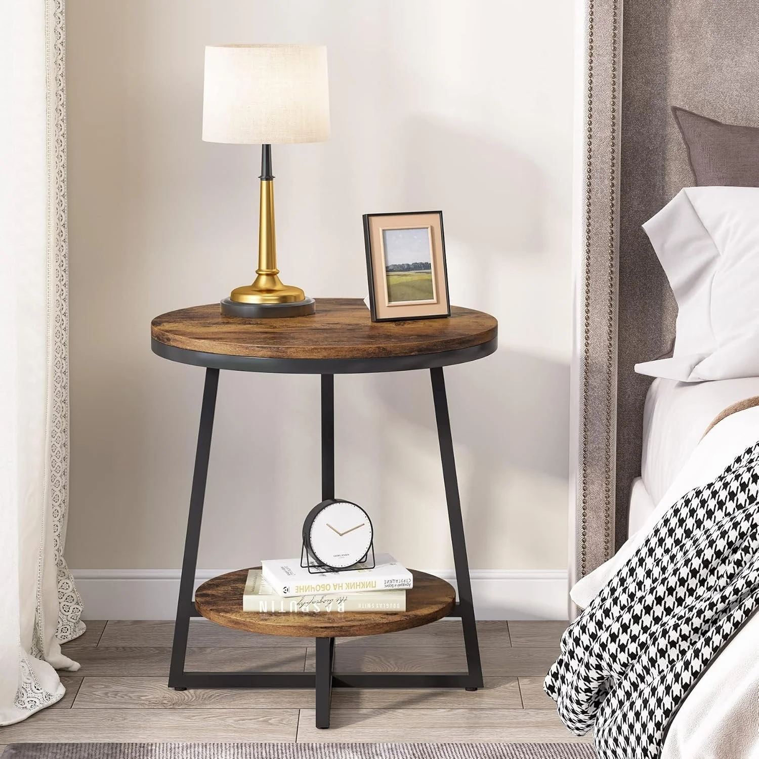 2-Tier End Table, Round Accent Bedside Table with Storage Shelf - Image 4