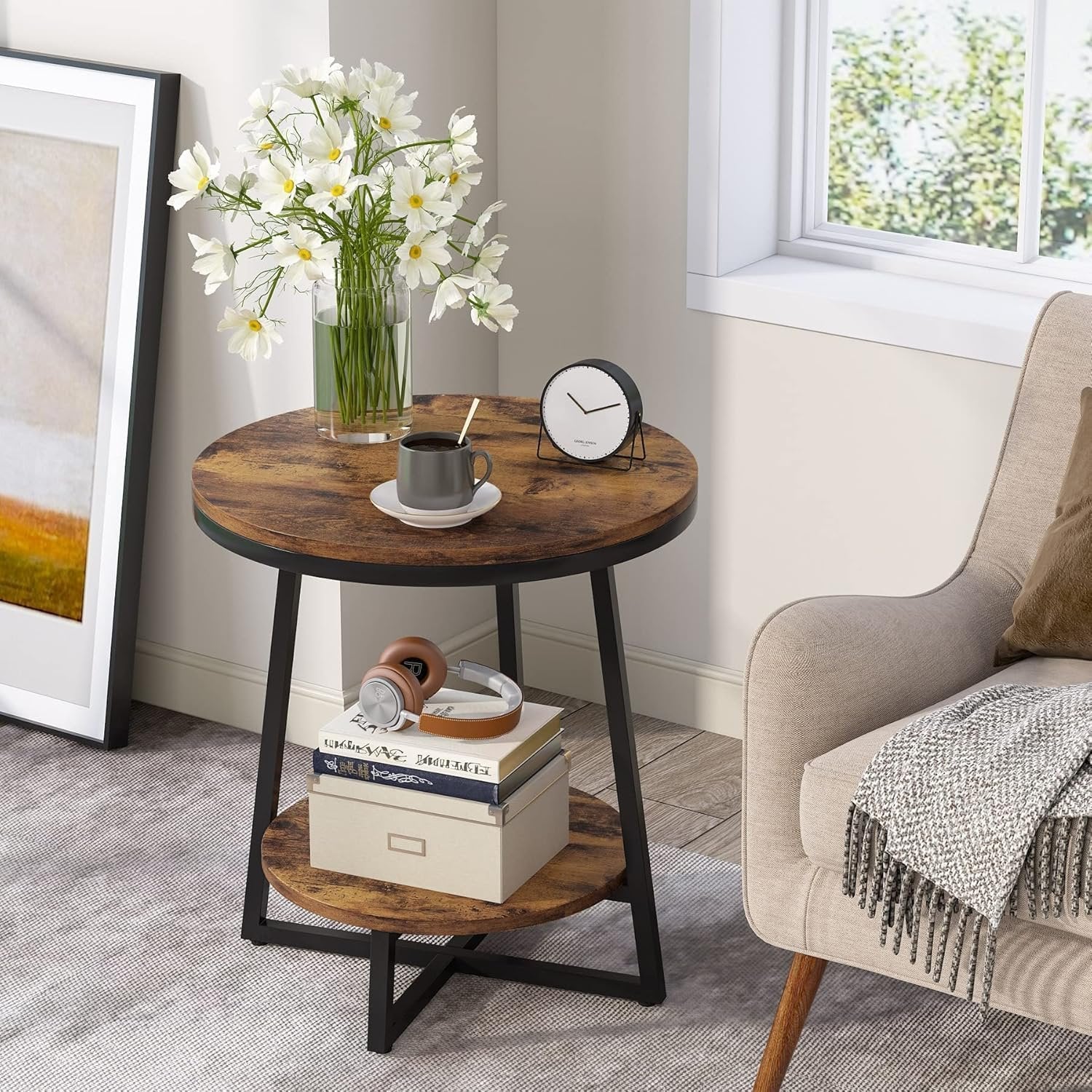 2-Tier End Table, Round Accent Bedside Table with Storage Shelf - Image 6