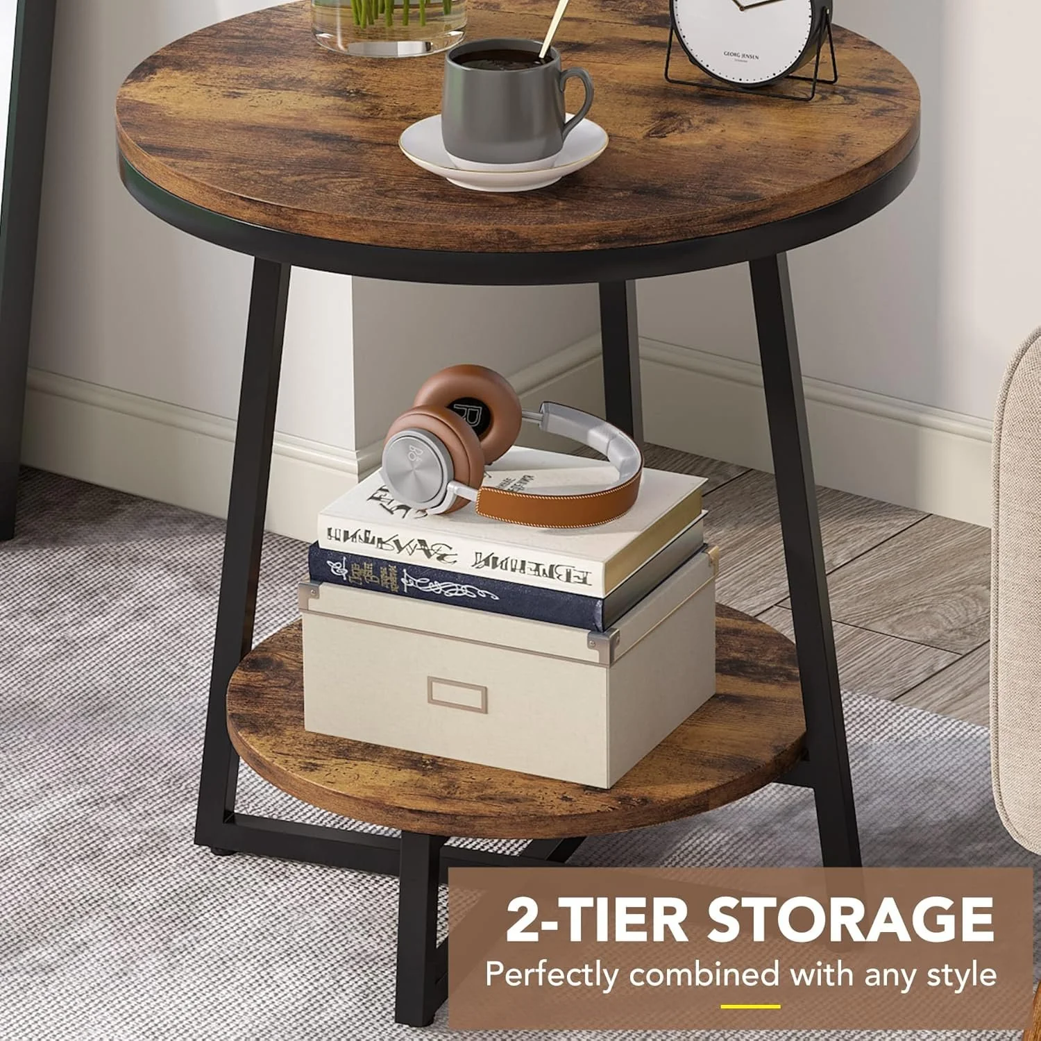 2-Tier End Table, Round Accent Bedside Table with Storage Shelf - Image 7