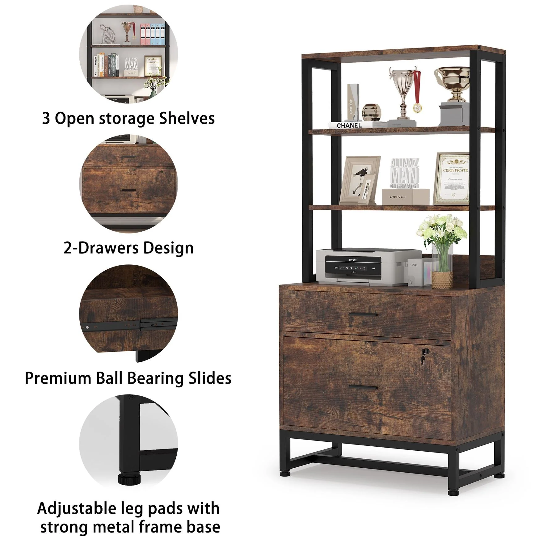 2-Drawer File Cabinet, Vertical Filing Cabinet with Lock & Bookshelf - Image 12