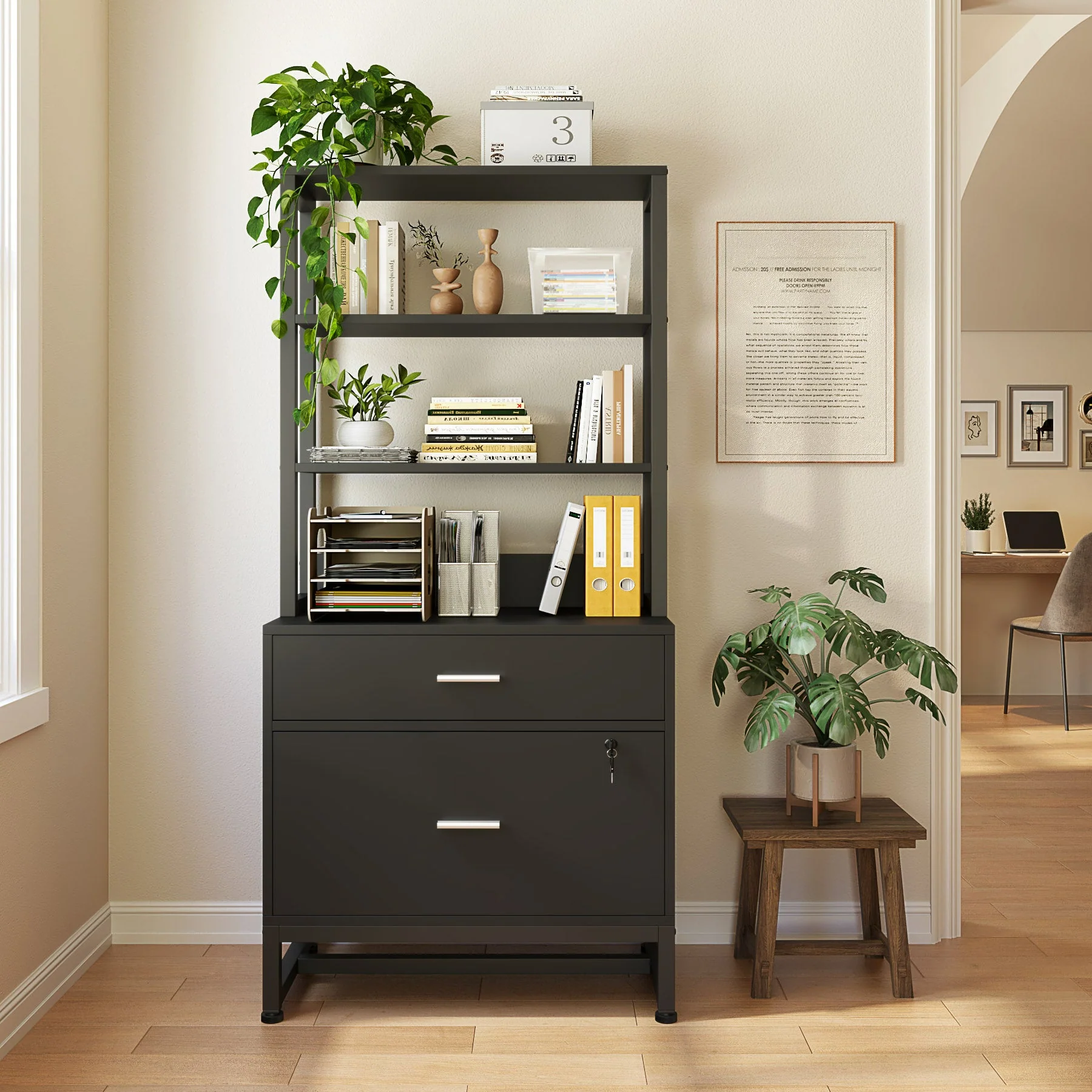 2-Drawer File Cabinet, Vertical Filing Cabinet with Lock & Bookshelf - Image 3