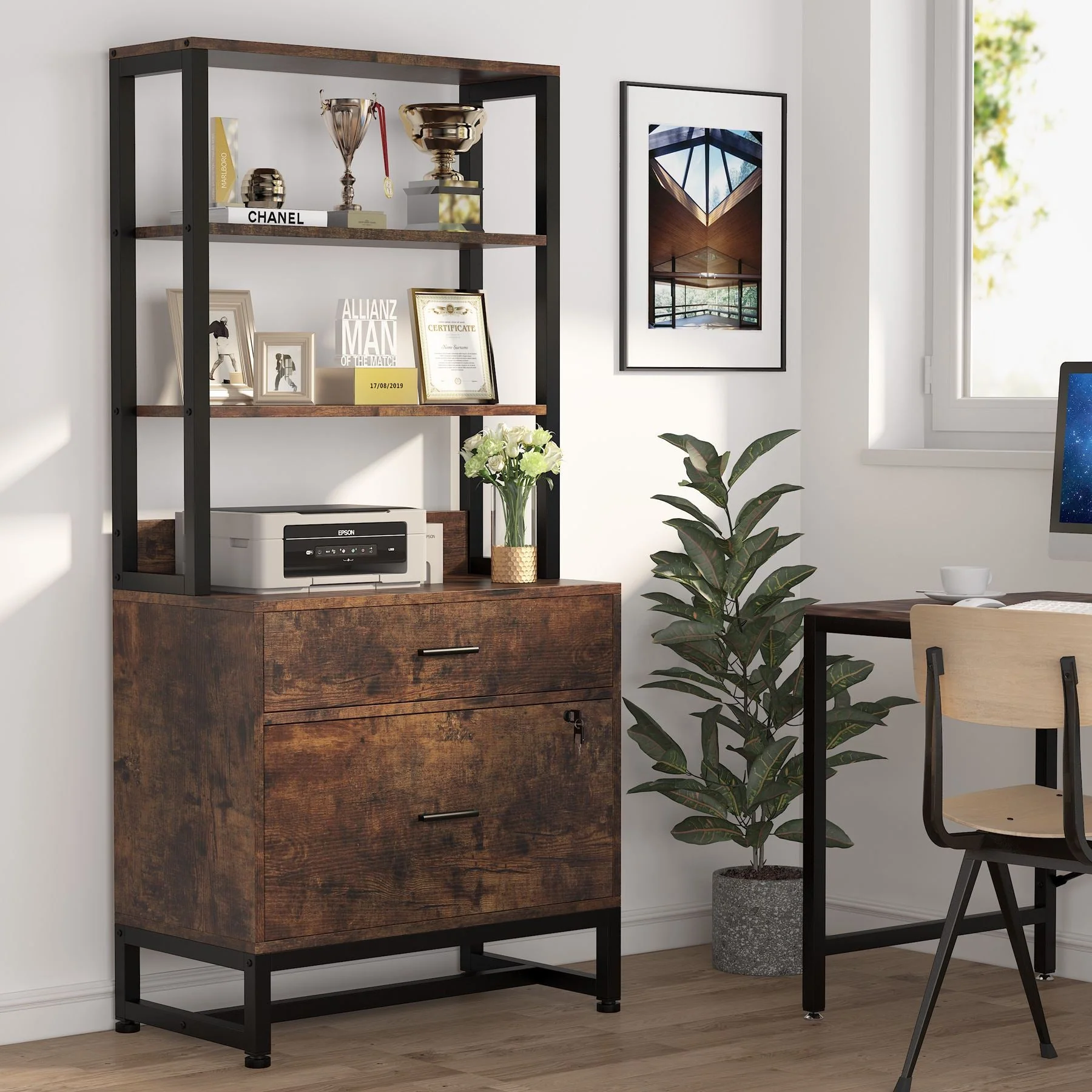 2-Drawer File Cabinet, Vertical Filing Cabinet with Lock & Bookshelf - Image 9