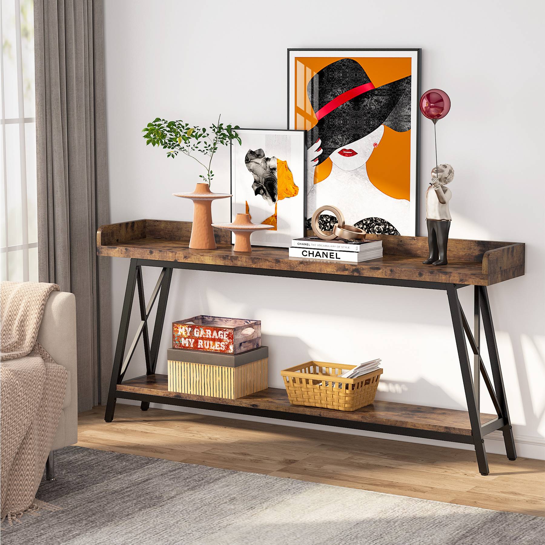 Industrial Console Table, 2-Tier Narrow Sofa Table Behind Couch - Image 3