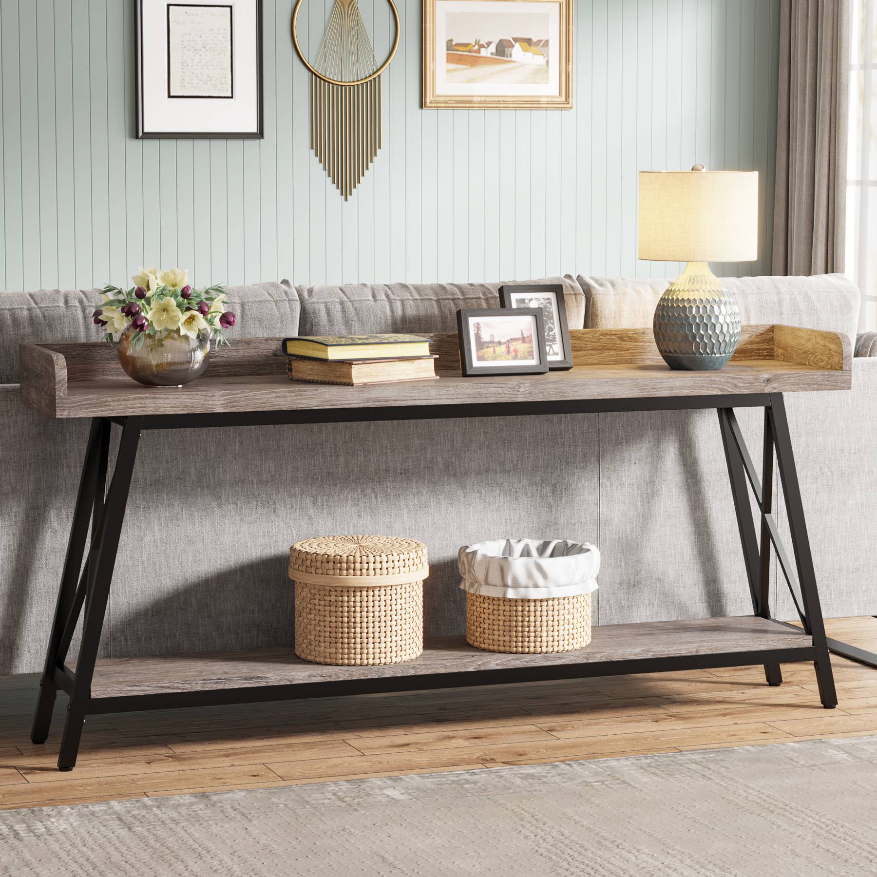 Industrial Console Table, 2-Tier Narrow Sofa Table Behind Couch - Image 8