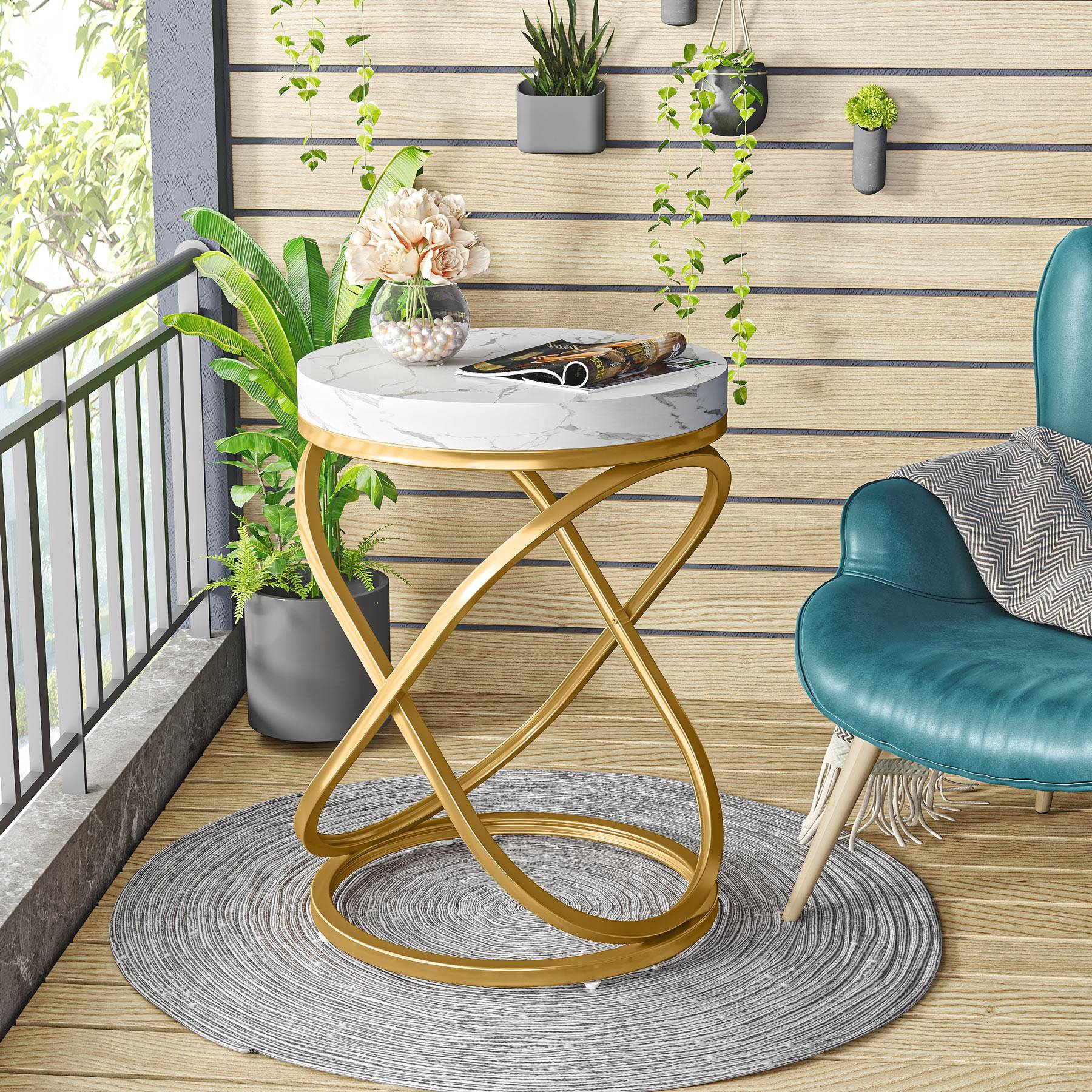 Round End Table, 26" Tall Sofa Side Table with Faux Marble Top - Image 5