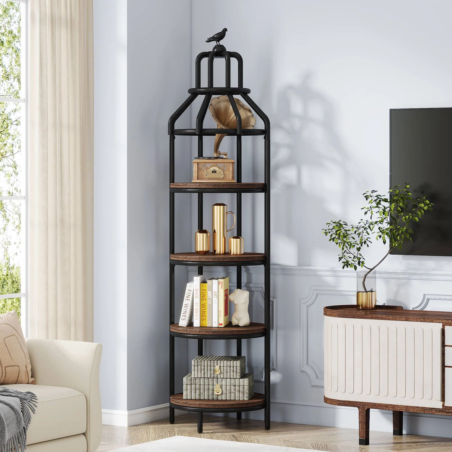 Industrial Bookshelf, 4-Tier Etagere Bookcase with Bird Cage Design - Image 3