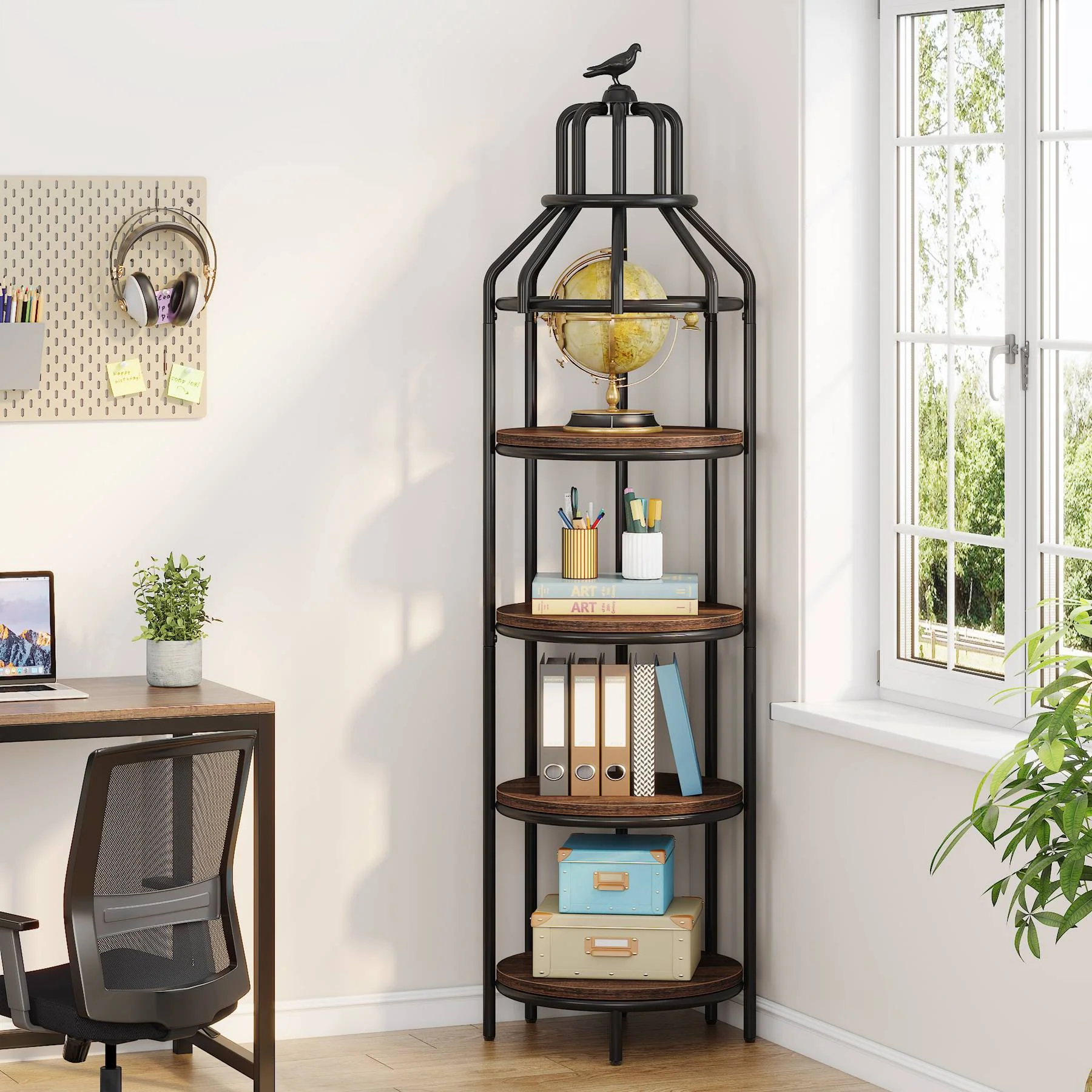 Industrial Bookshelf, 4-Tier Etagere Bookcase with Bird Cage Design - Image 4