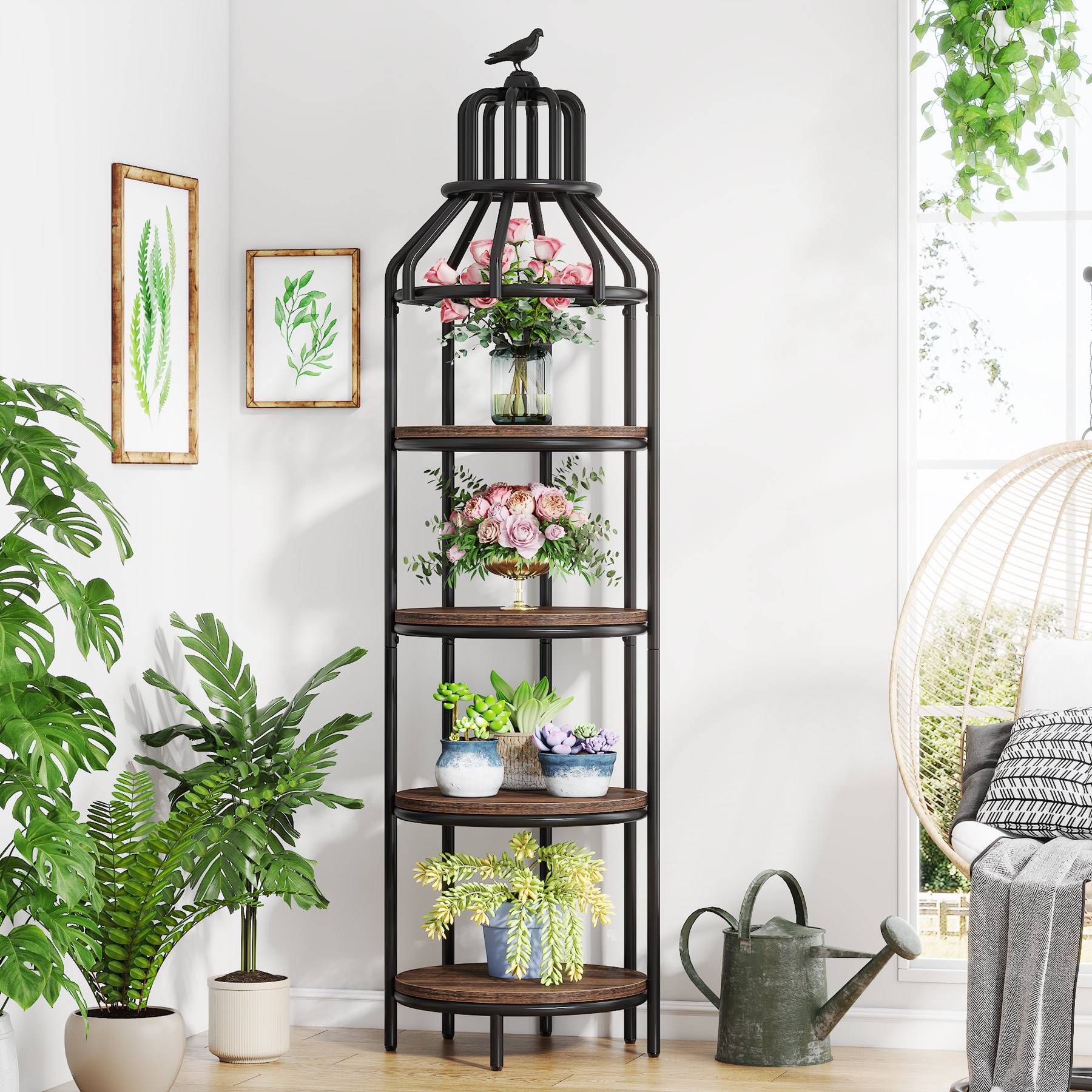 Industrial Bookshelf, 4-Tier Etagere Bookcase with Bird Cage Design - Image 5