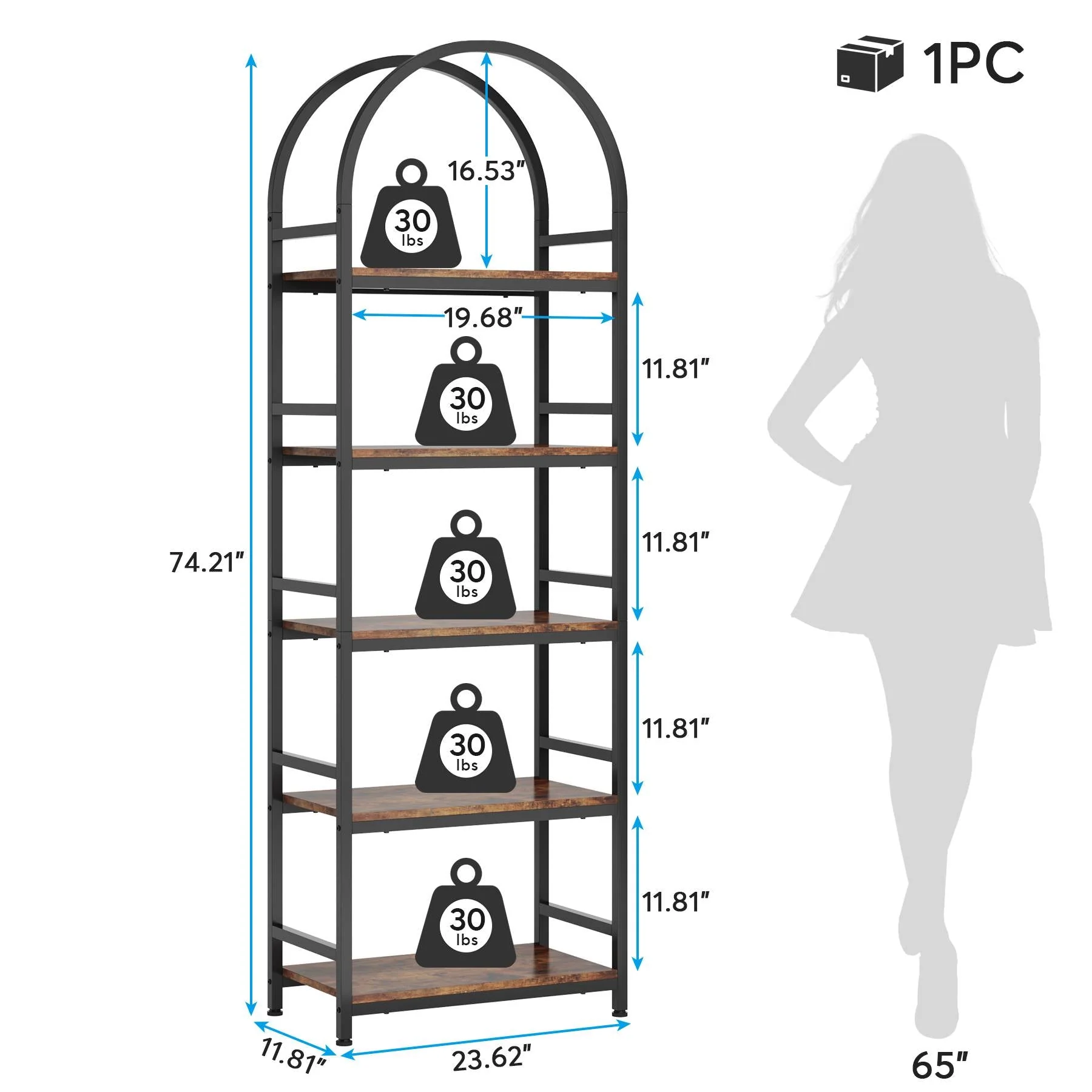 4-Tier / 5-Tier Bookshelf, Arched Bookcase Display Rack with Storage Shelves - Image 12