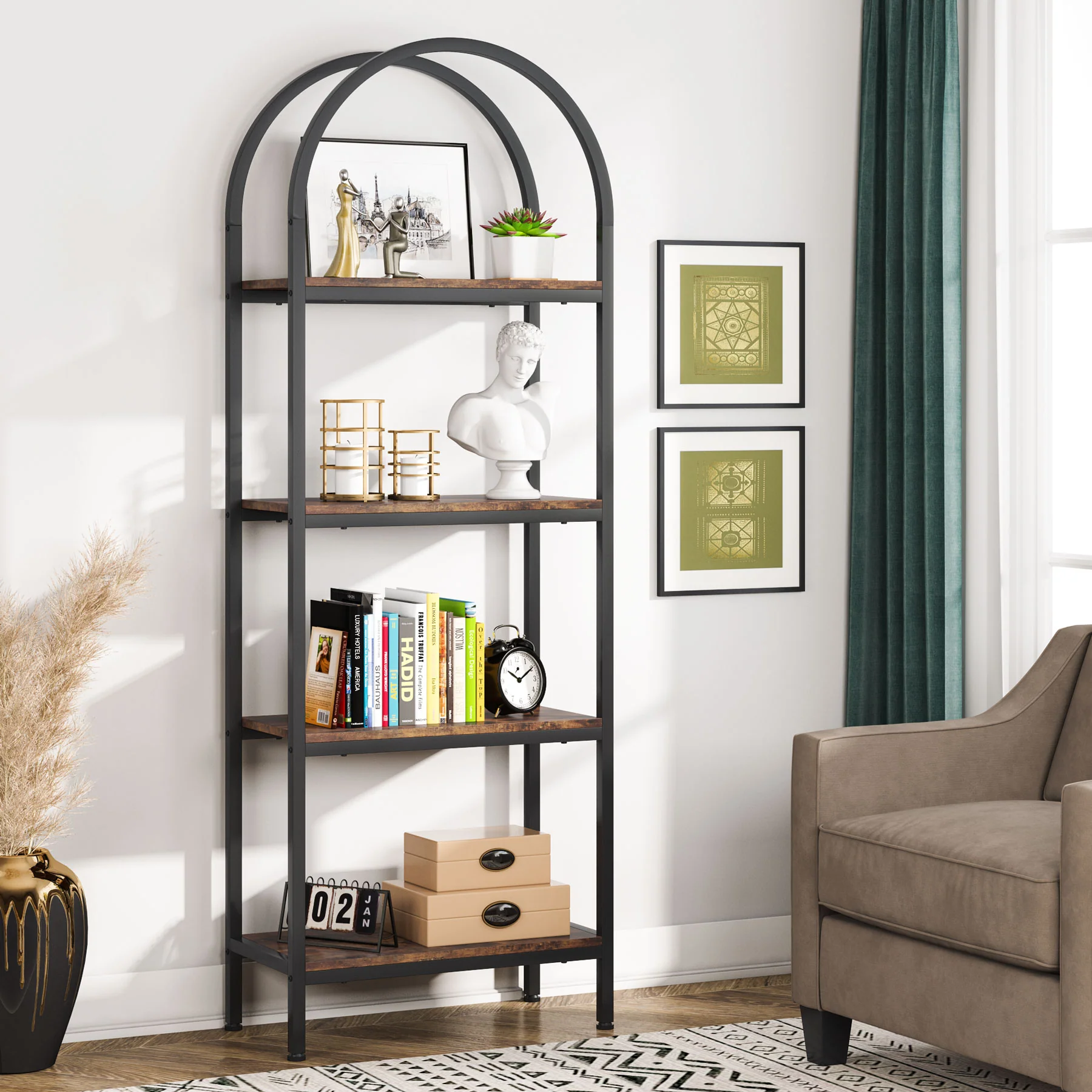 4-Tier / 5-Tier Bookshelf, Arched Bookcase Display Rack with Storage Shelves - Image 3