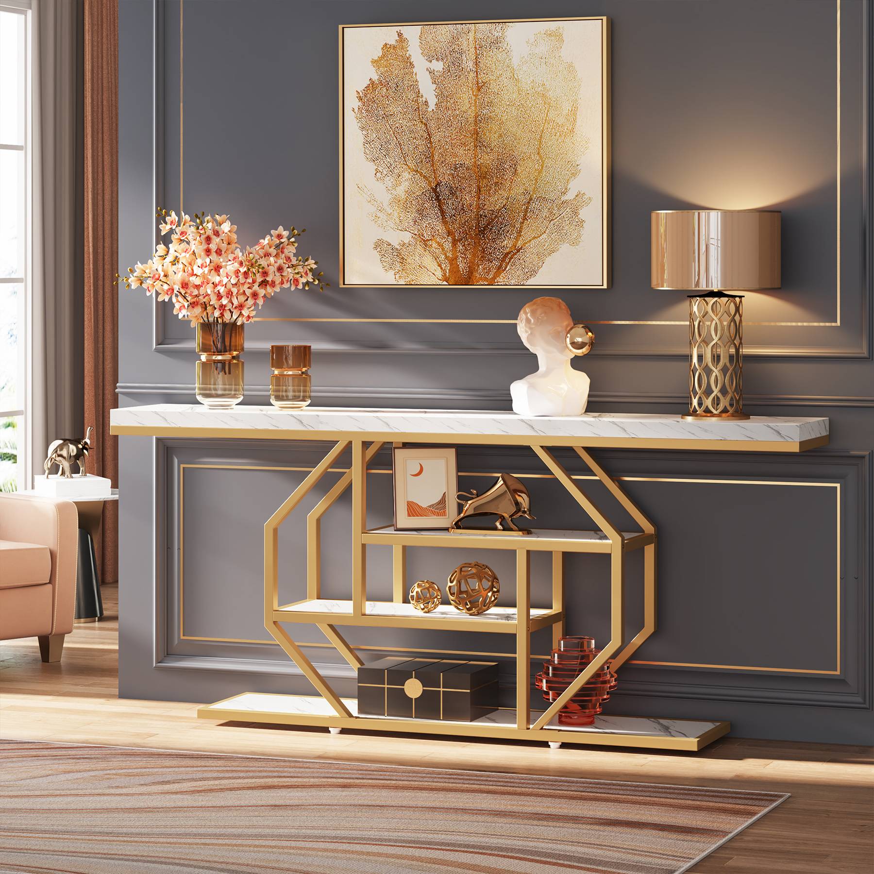 4-Tier Console Table, 70.9 inch Sofa Table Accent Table with Storage Shelves - Image 5