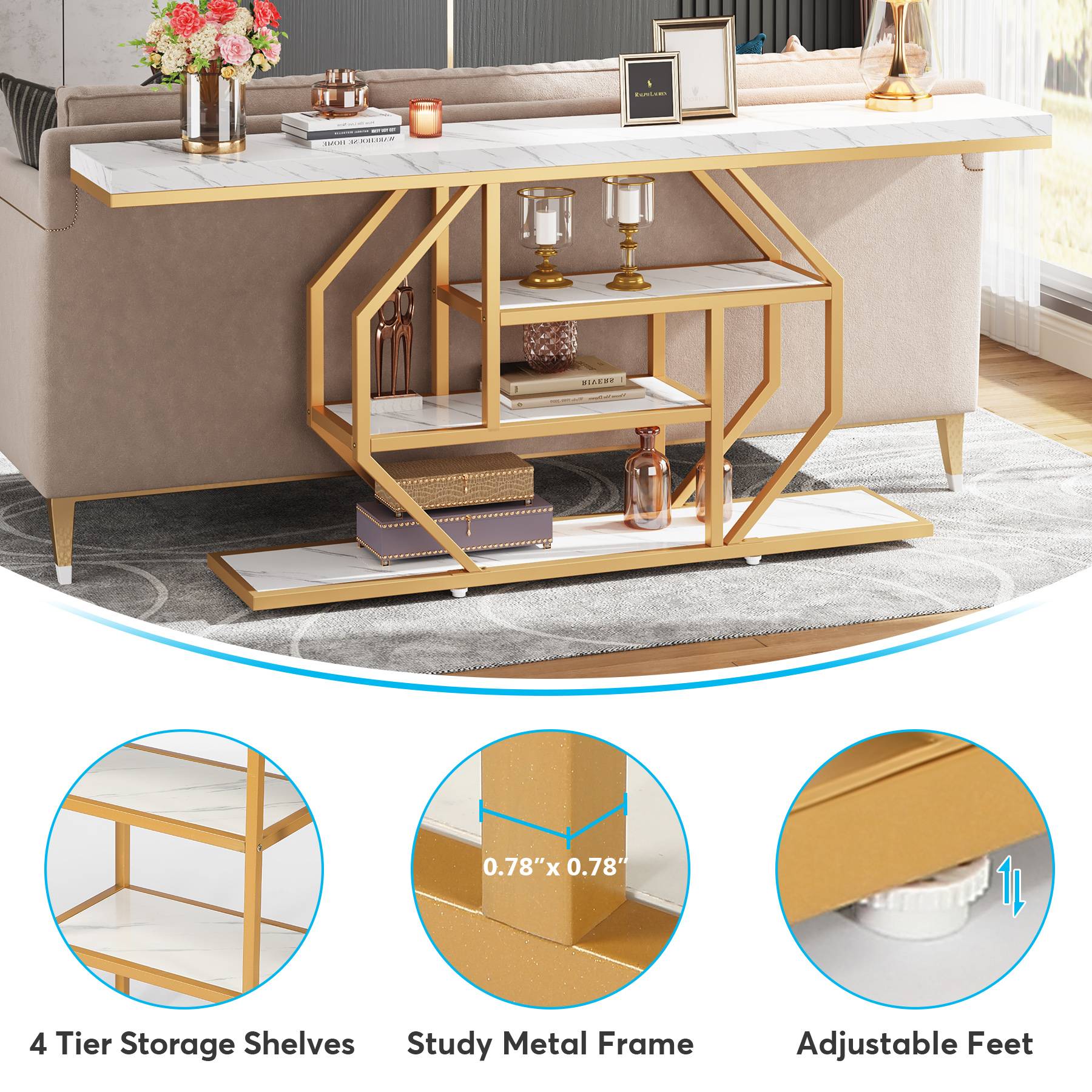 4-Tier Console Table, 70.9 inch Sofa Table Accent Table with Storage Shelves - Image 7
