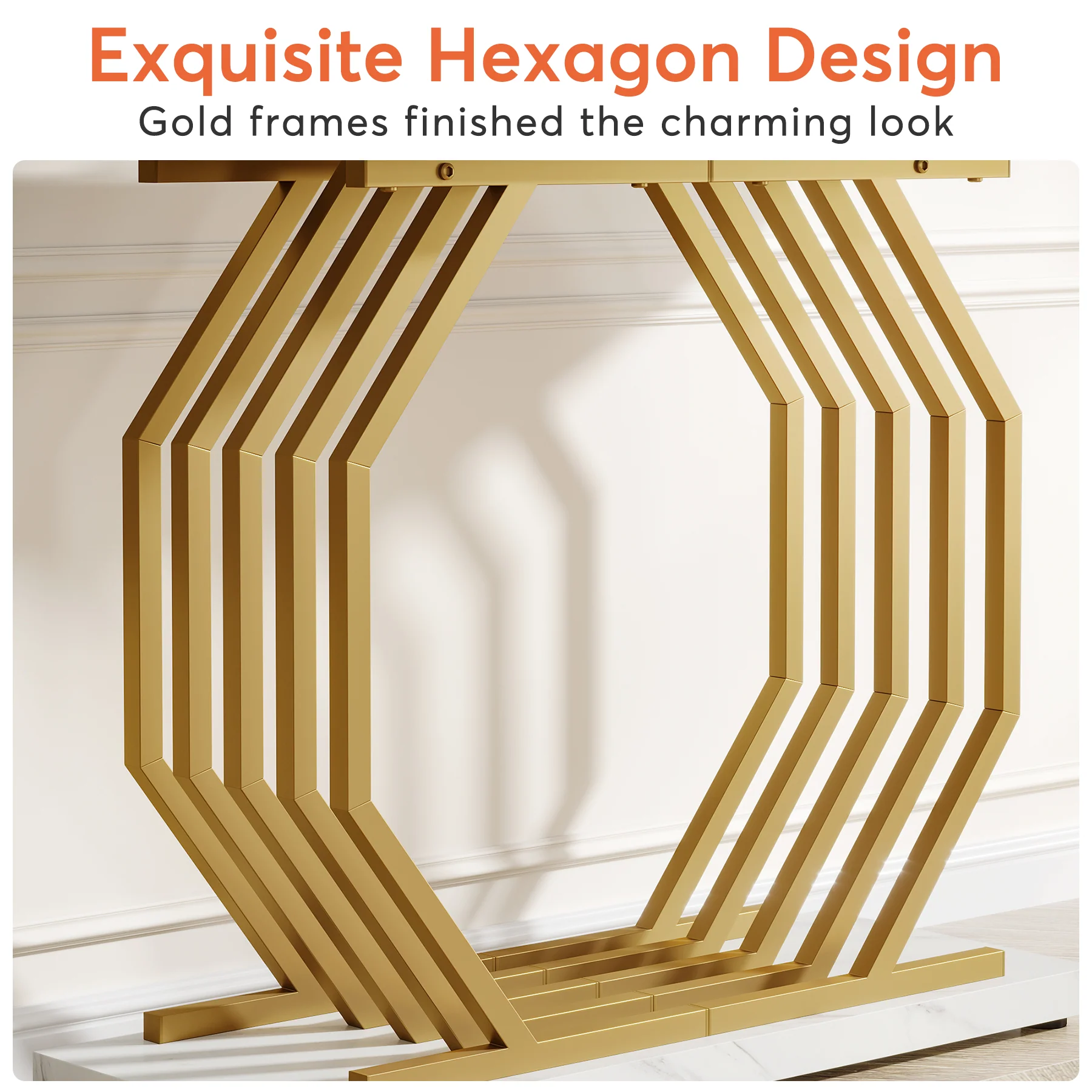 Faux Marble Console Table, 40" Accent Sofa Table with Geometric Metal Base - Image 6