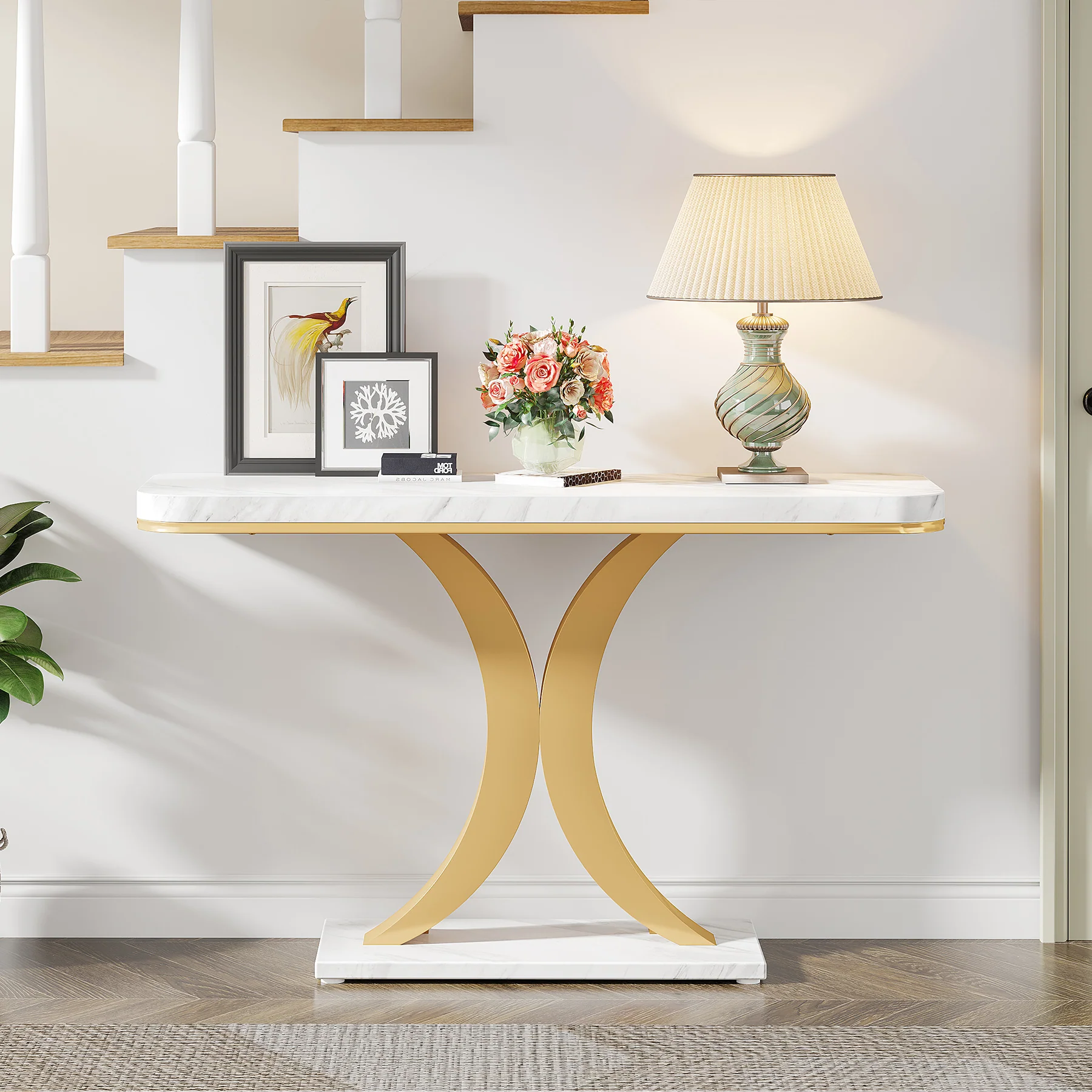 40" Console Table, Narrow Entryway Foyer Table with Geometric Base - Image 3