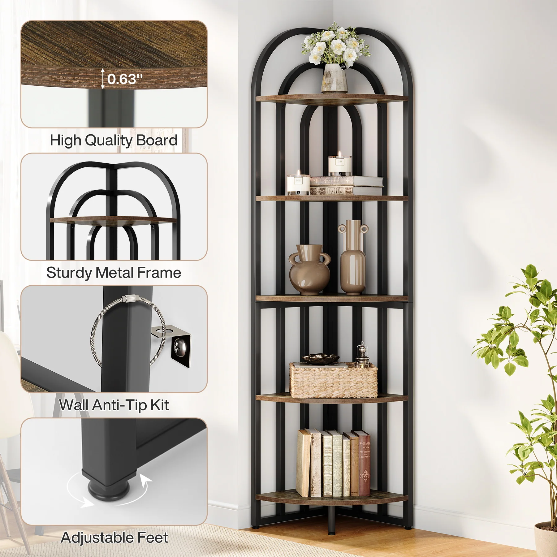 5-Tier Corner Shelf, 71" Tall Corner Bookshelf Display Rack - Image 7