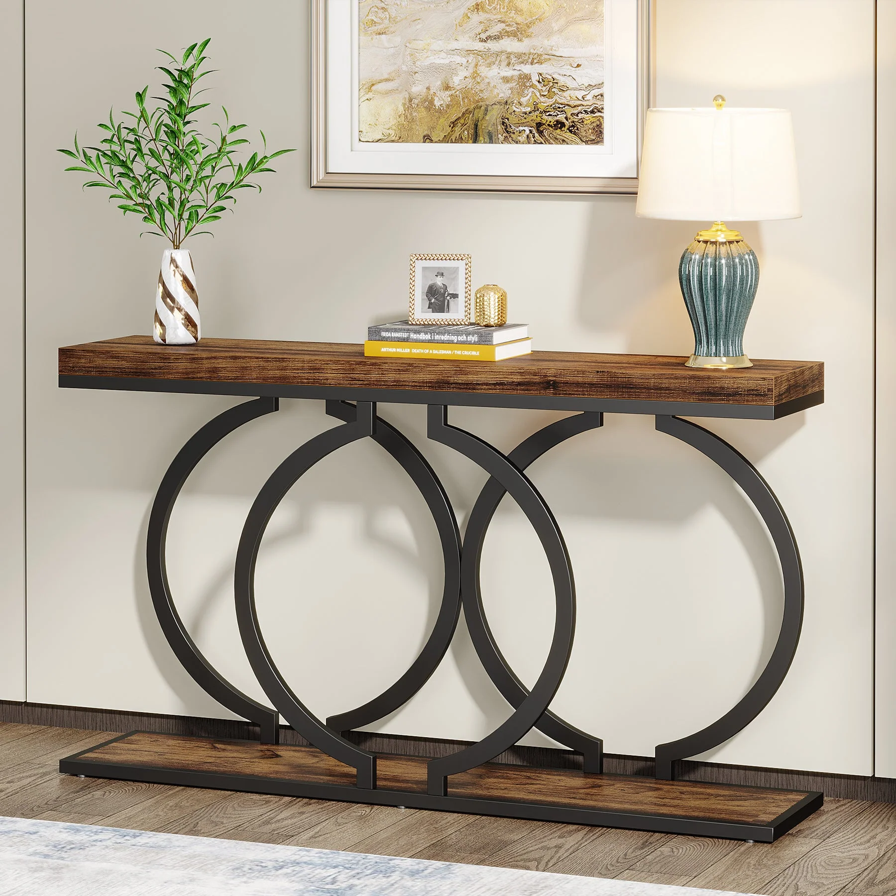 55" Console Table, Narrow Entryway Sofa Table with Geometric Metal Frame - Image 10