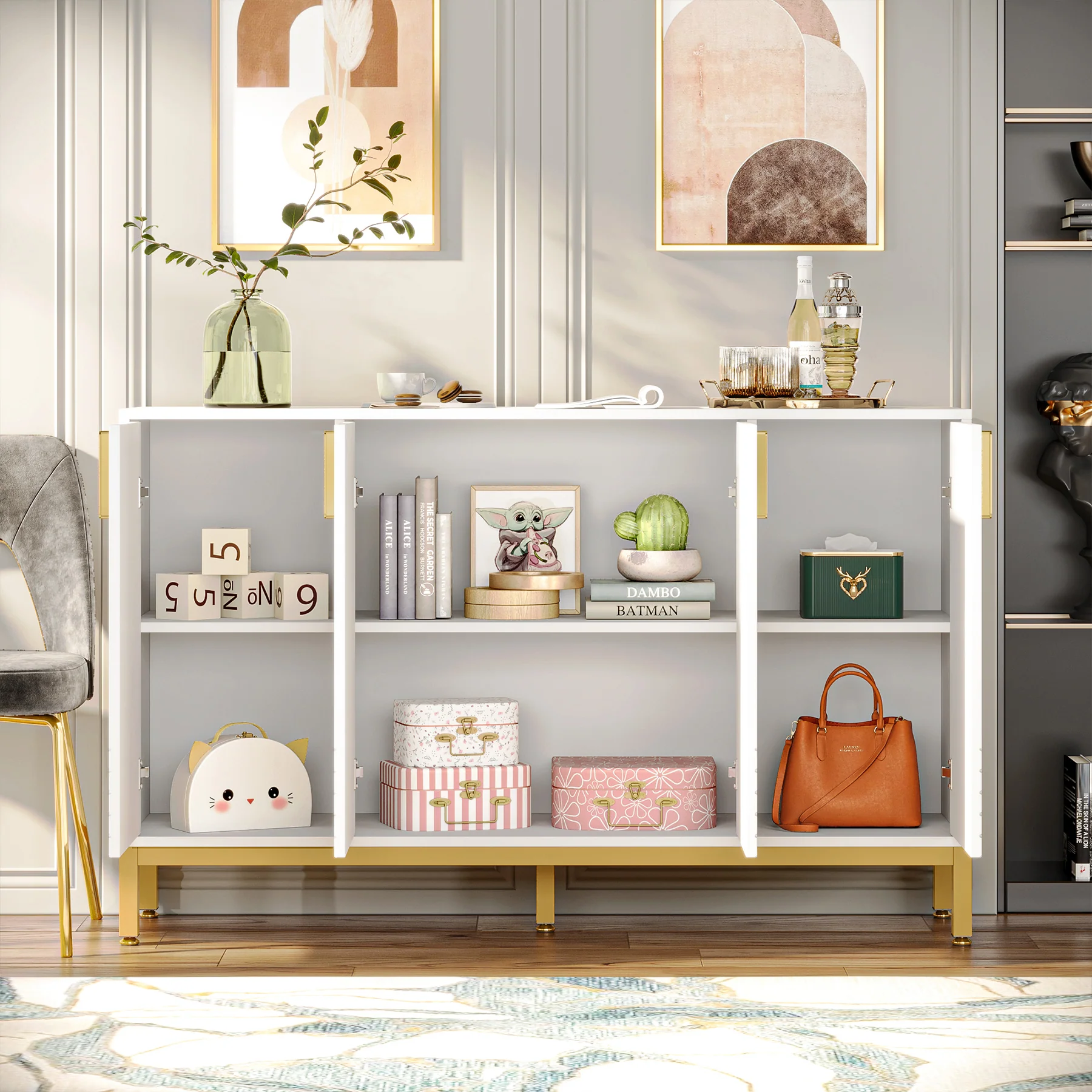 Modern Sideboard Buffet, 59" Luxury Buffet Storage Cabinet with 4 Doors - Image 4