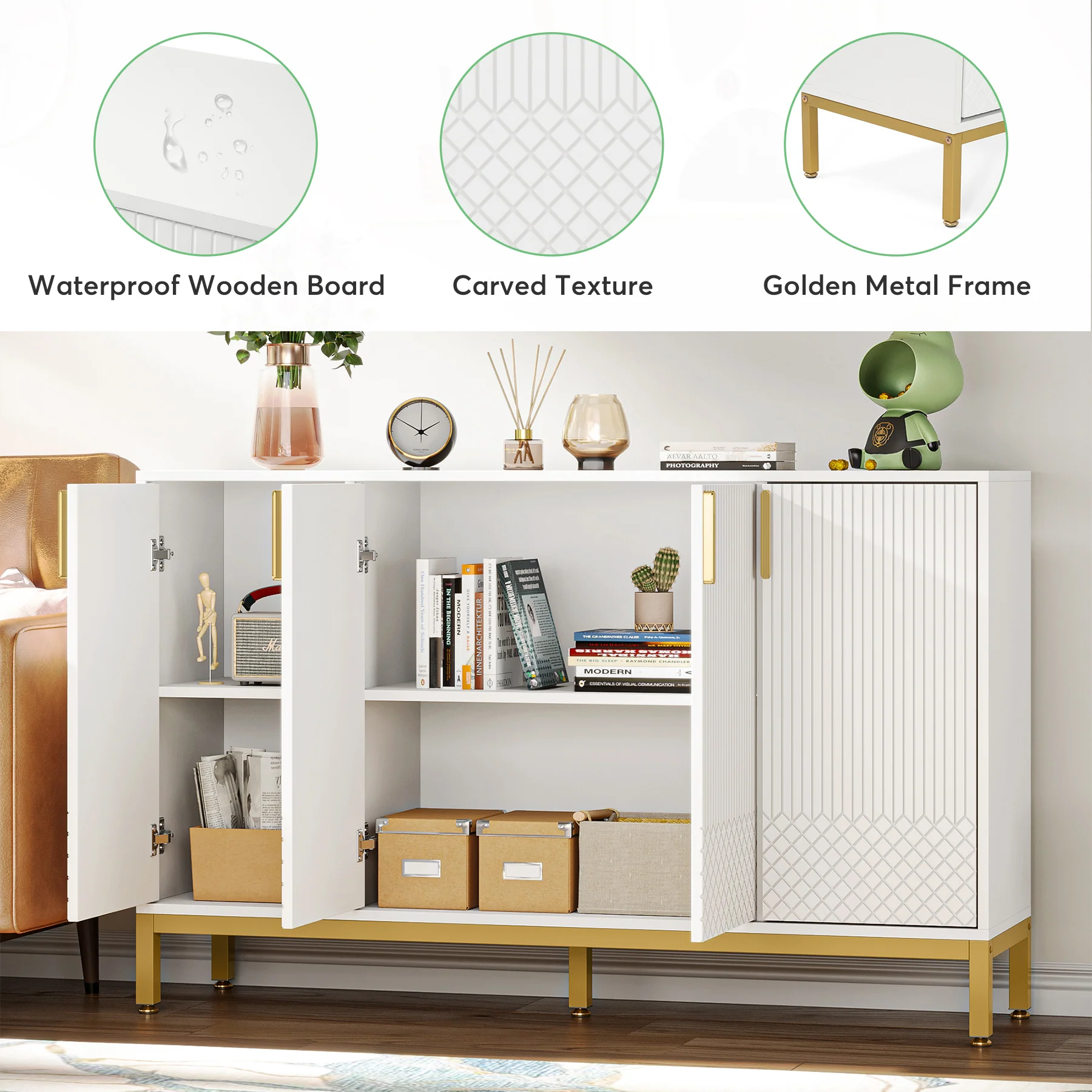 Modern Sideboard Buffet, 59" Luxury Buffet Storage Cabinet with 4 Doors - Image 6