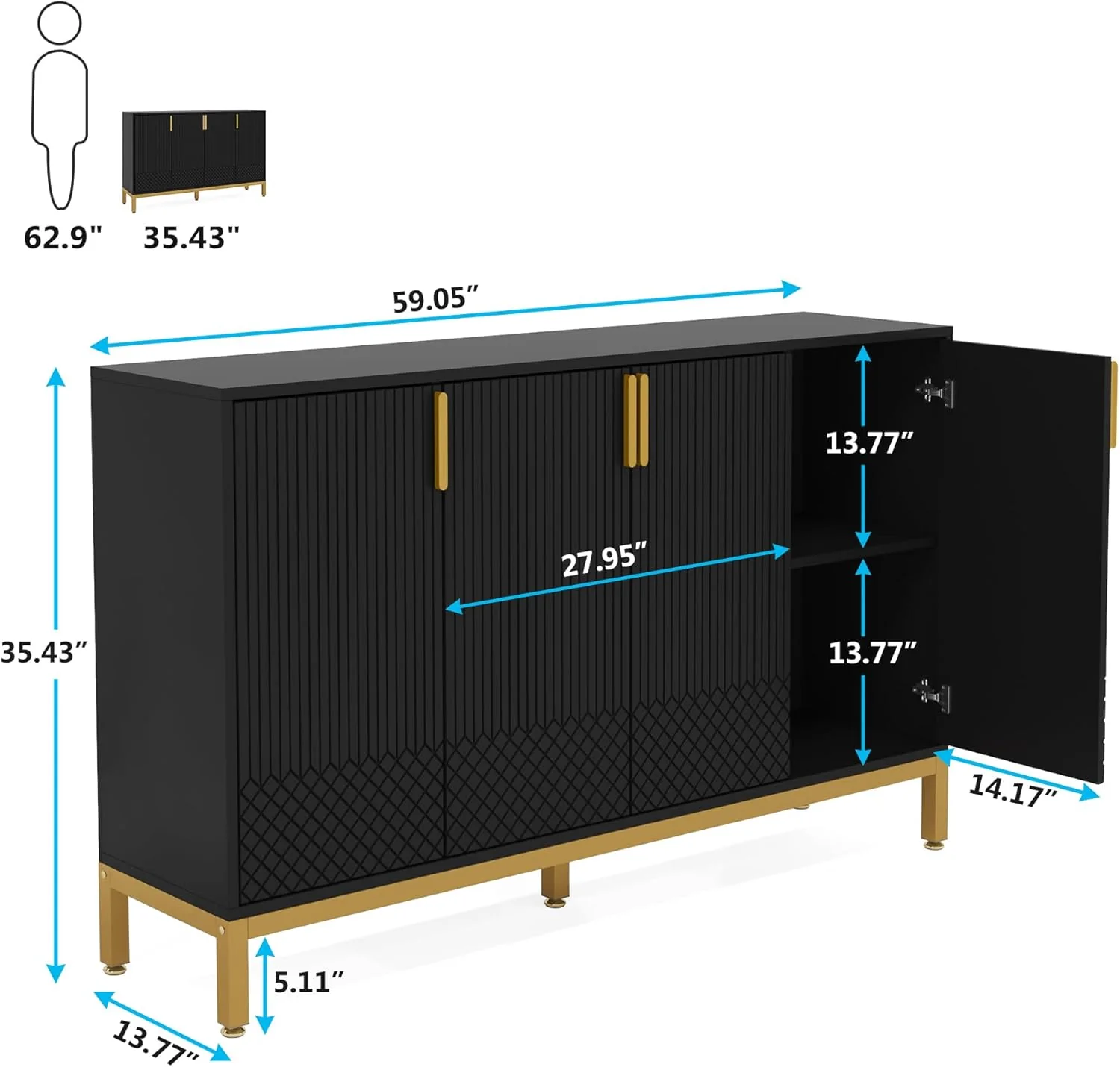 Modern Sideboard Buffet, 59" Luxury Buffet Storage Cabinet with 4 Doors - Image 9