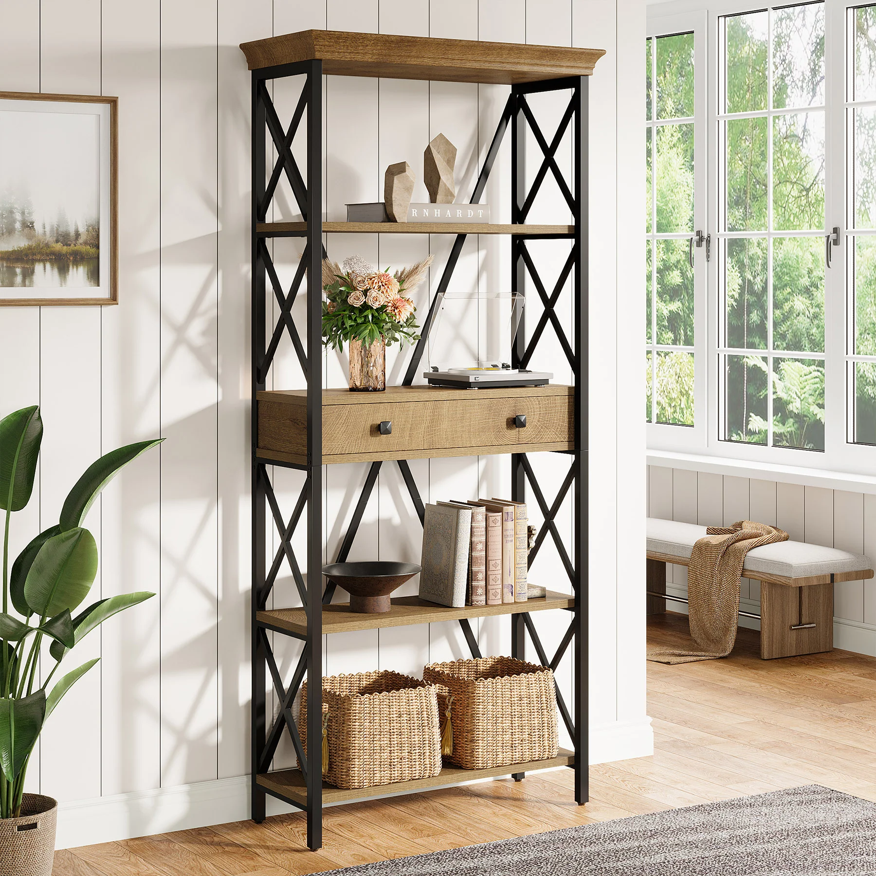 70.9" Bookshelf with Drawer, Industrial Bookcase with Open Shelf and Stable X Frame - Image 3