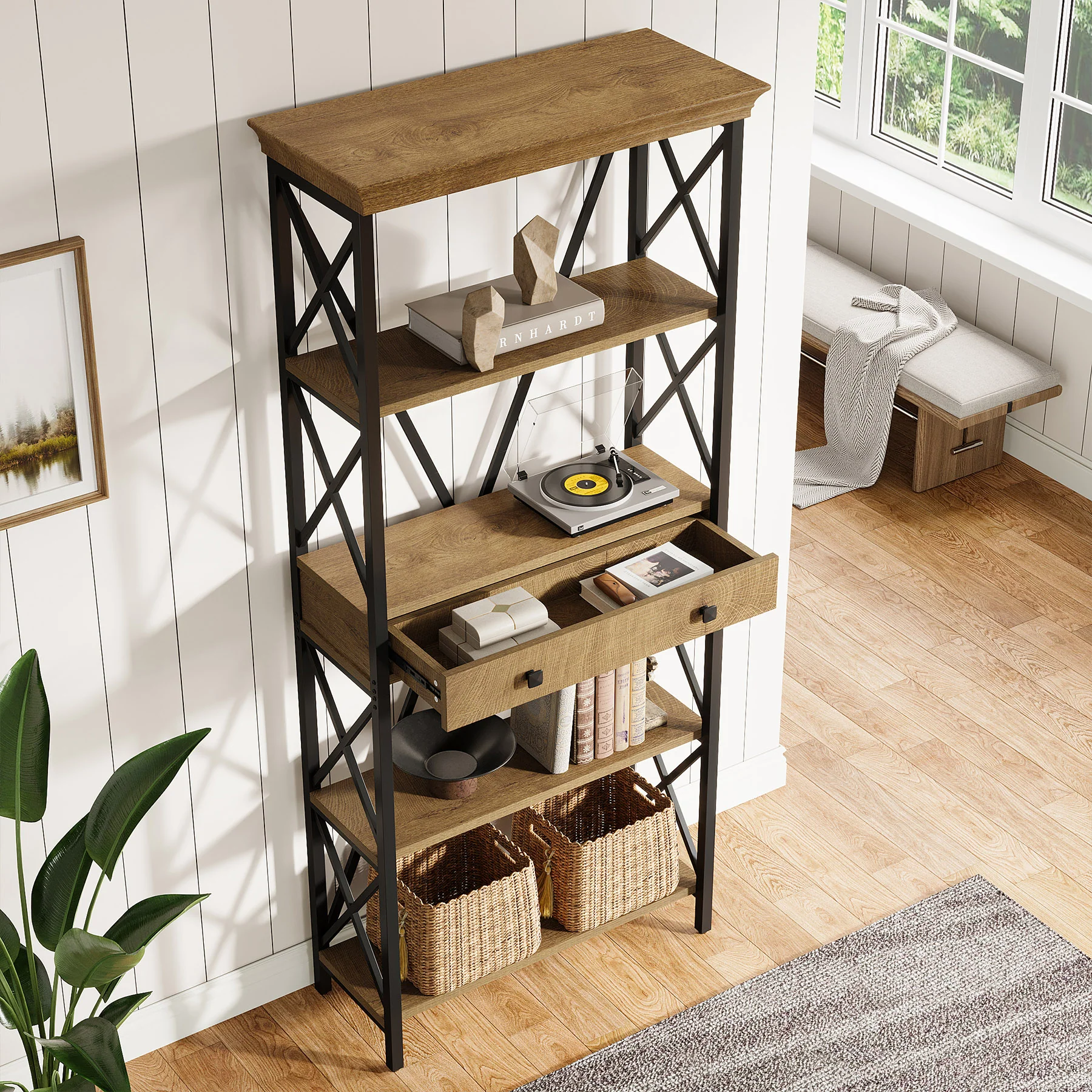 70.9" Bookshelf with Drawer, Industrial Bookcase with Open Shelf and Stable X Frame - Image 5