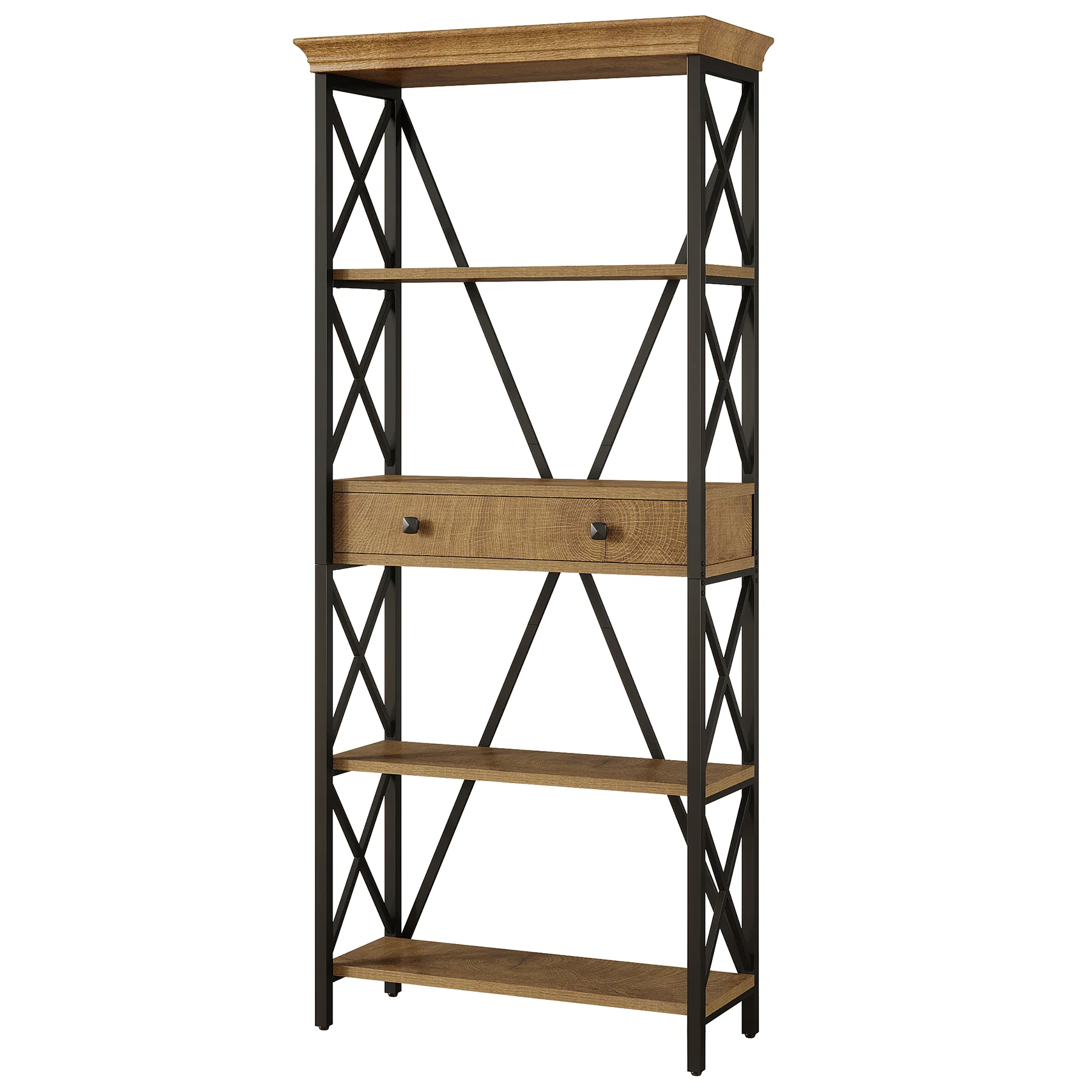70.9" Bookshelf with Drawer, Industrial Bookcase with Open Shelf and Stable X Frame - Image 6