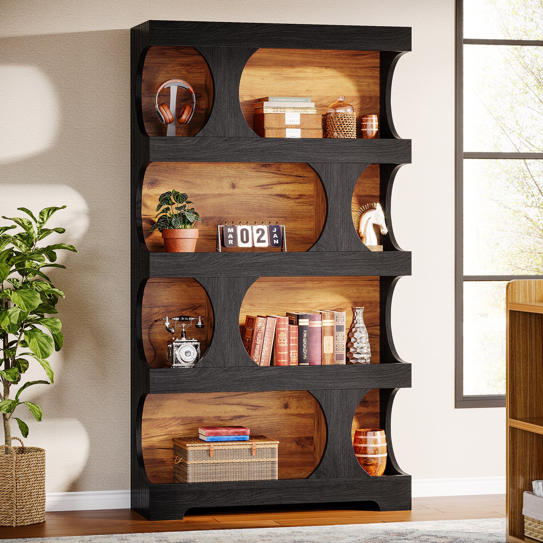 71" Bookcase, Modern Asymmetrical Bookshelf 4-Tier Display Shelf - Image 4