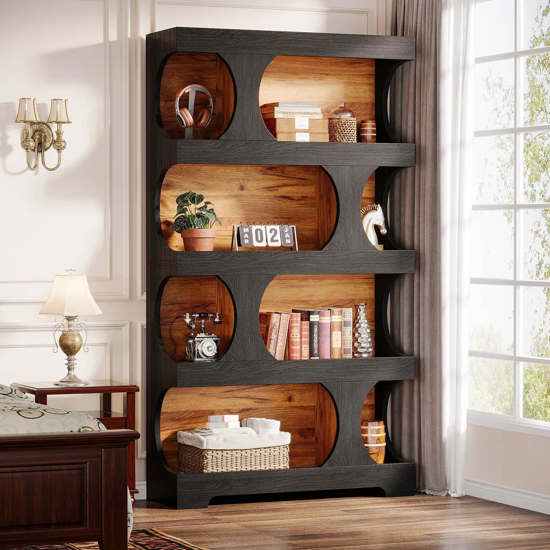 71" Bookcase, Modern Asymmetrical Bookshelf 4-Tier Display Shelf - Image 5