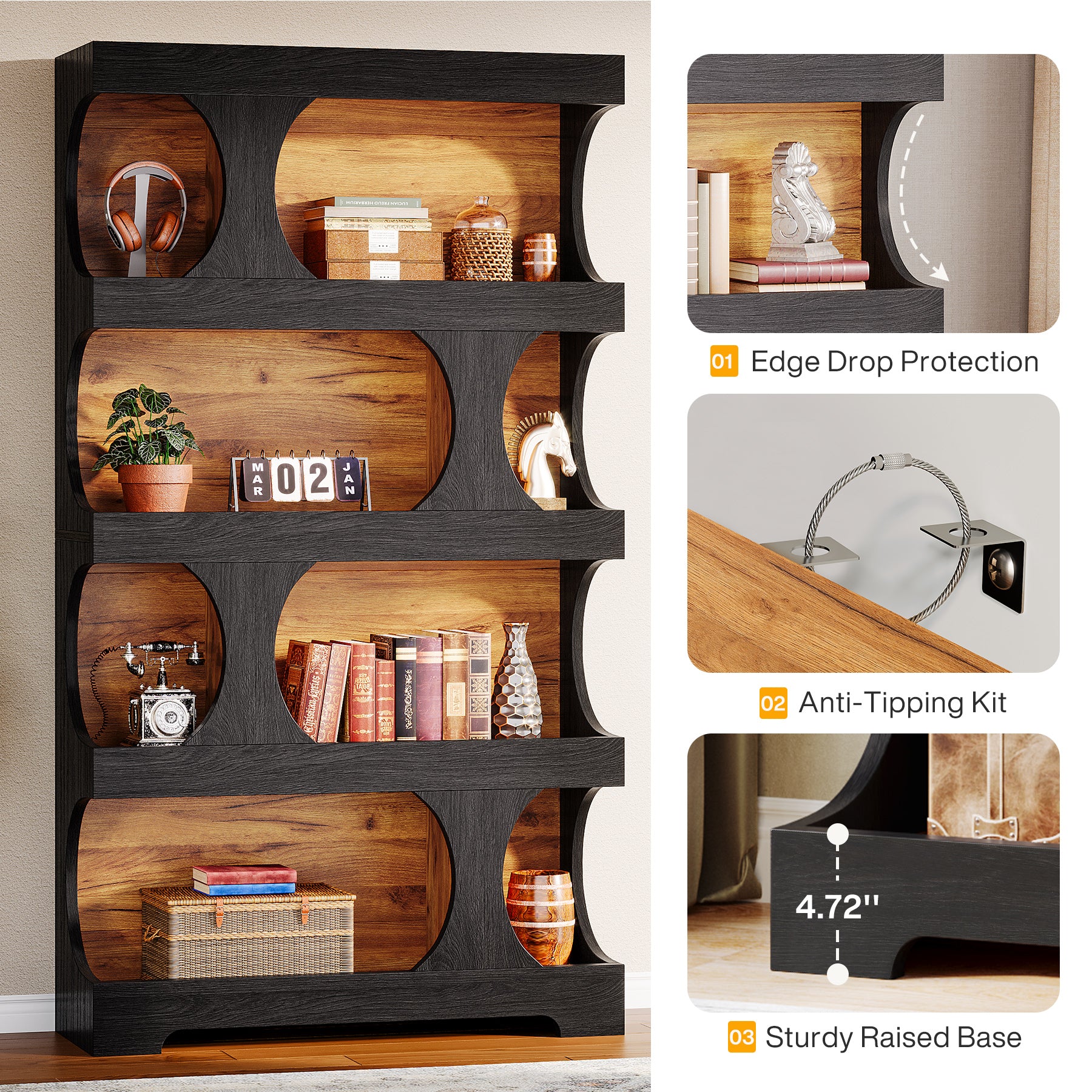 71" Bookcase, Modern Asymmetrical Bookshelf 4-Tier Display Shelf - Image 7