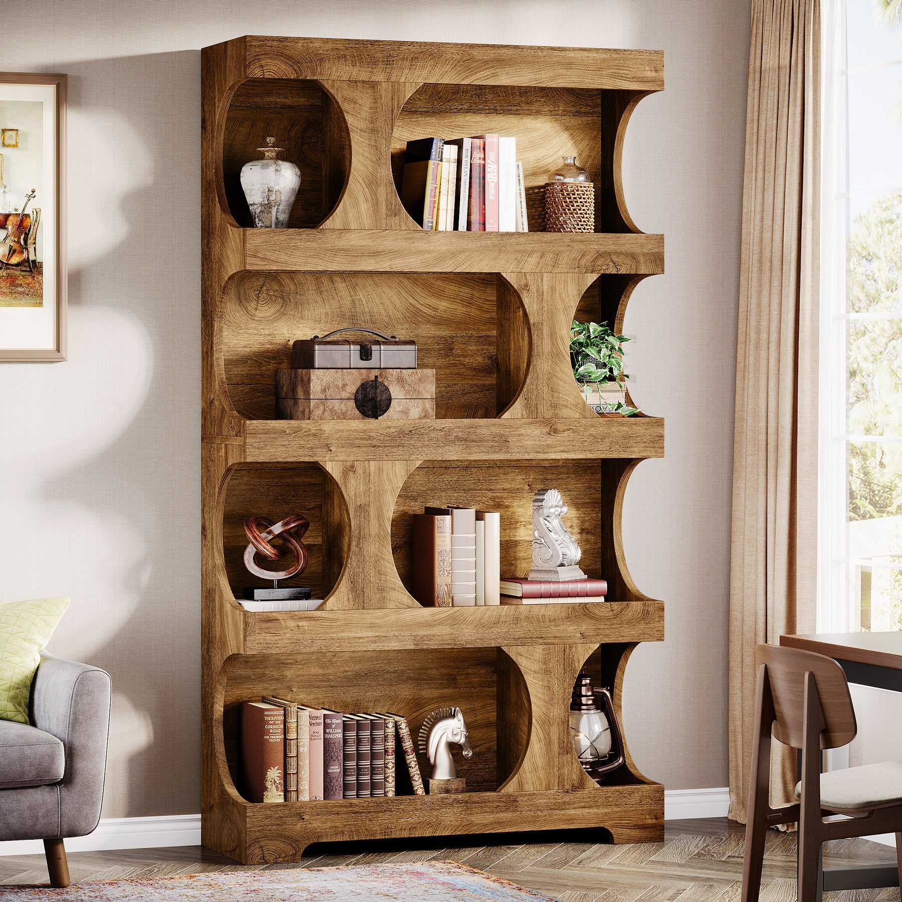 71" Bookcase, Modern Asymmetrical Bookshelf 4-Tier Display Shelf - Image 9