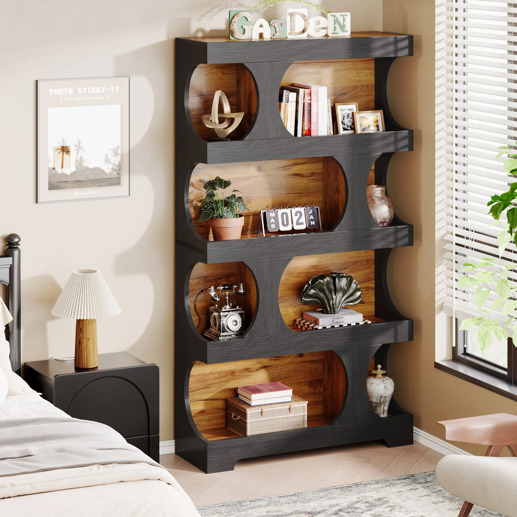 71" Bookshelf, 4-Tier S-Shaped Bookcase Freestanding Display Shelves - Image 3