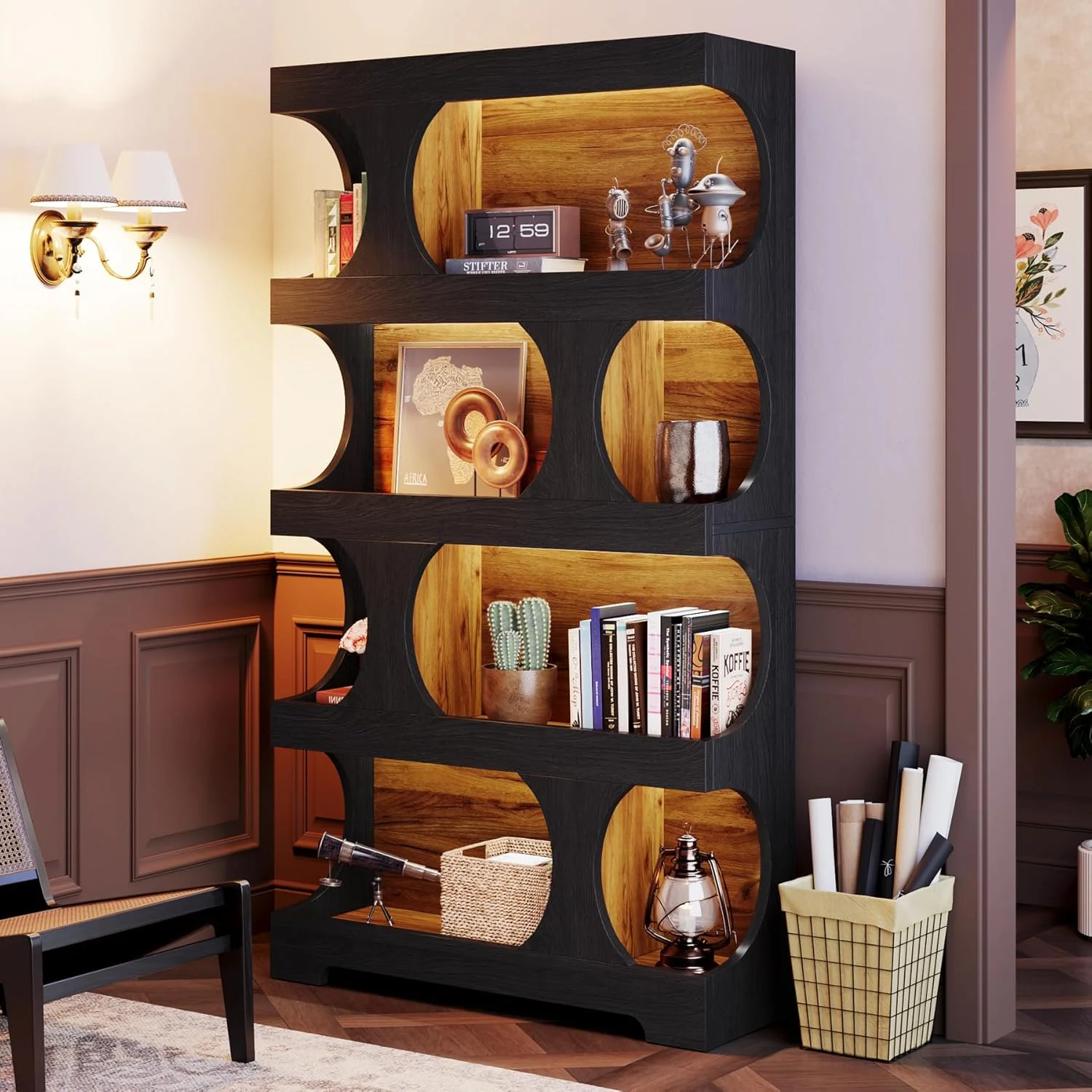 71" Bookshelf, 4-Tier S-Shaped Bookcase Freestanding Display Shelves - Image 5