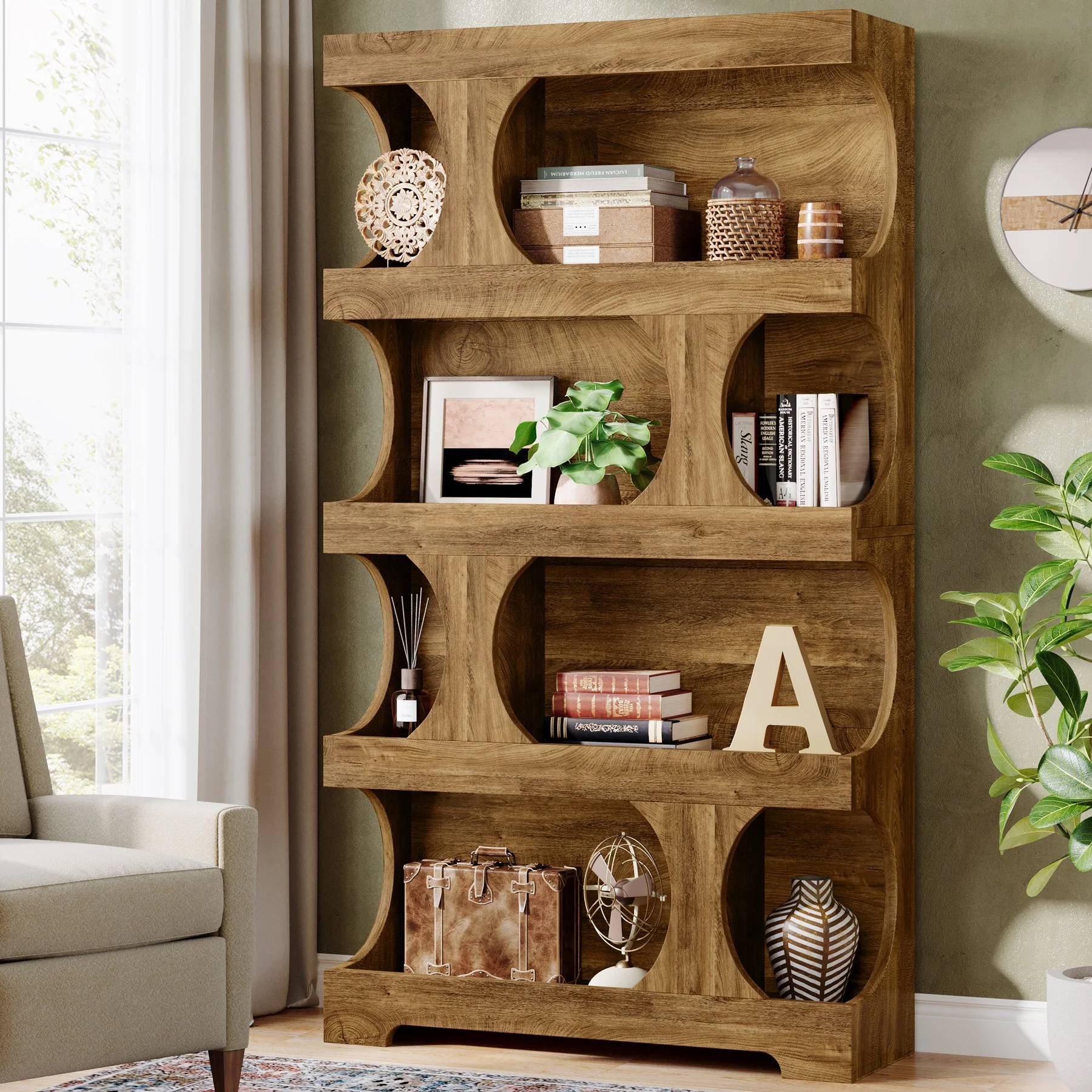 71" Bookshelf, 4-Tier S-Shaped Bookcase Freestanding Display Shelves - Image 9