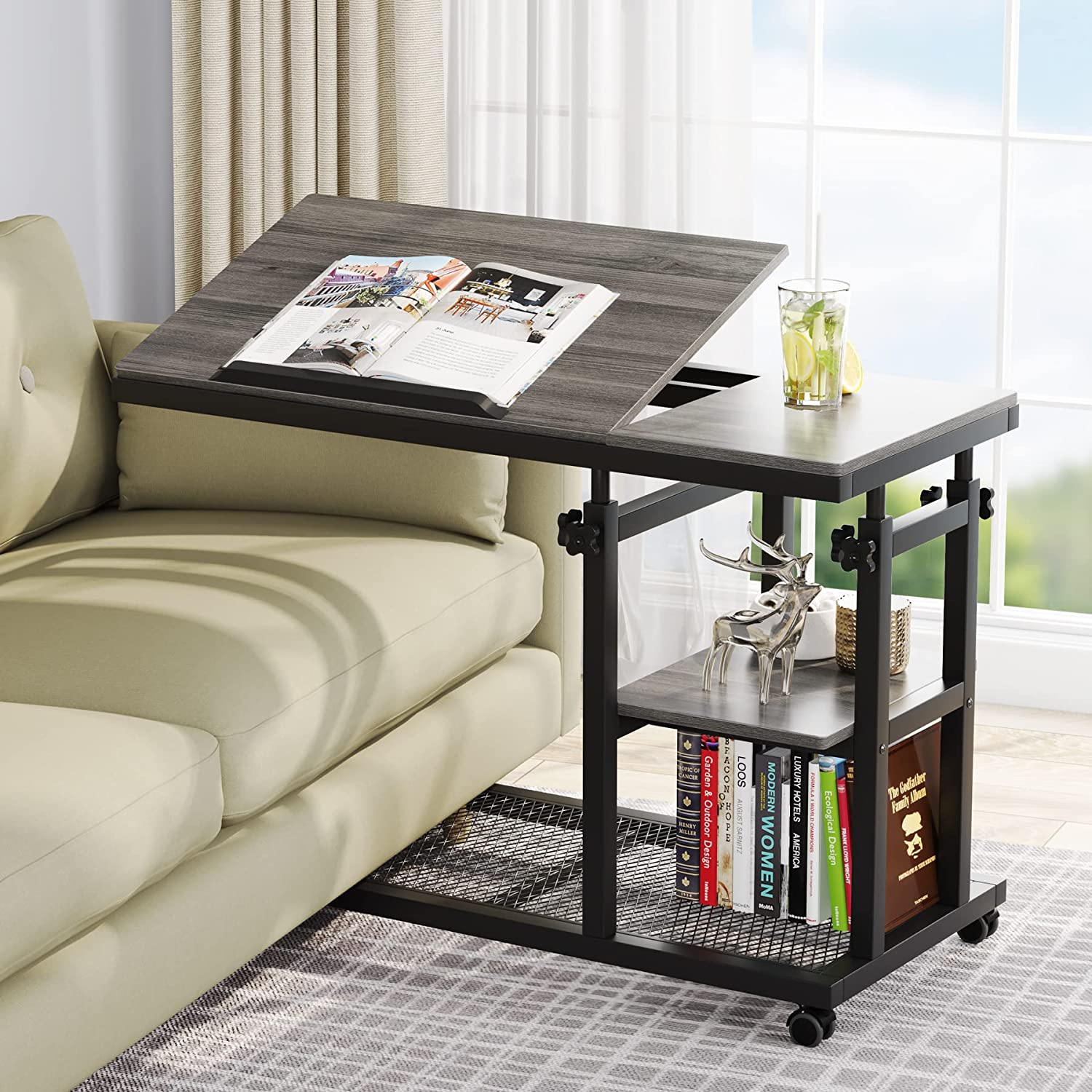 Height Adjustable C Table, Mobile Side Table with Tiltable Drawing Board - Image 11