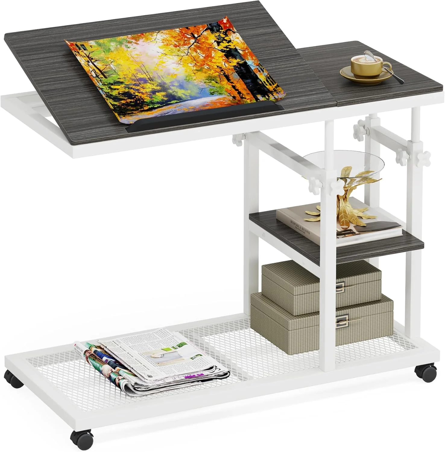 Height Adjustable C Table, Mobile Side Table with Tiltable Drawing Board - Image 15