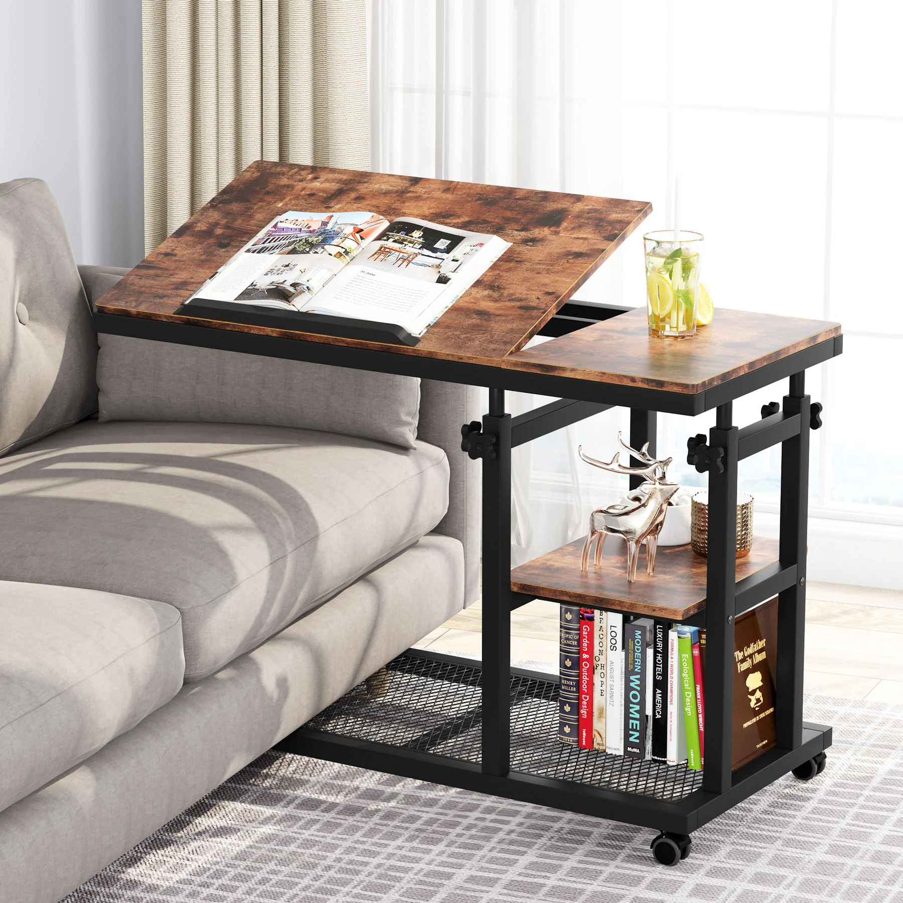 Height Adjustable C Table, Mobile Side Table with Tiltable Drawing Board - Image 3