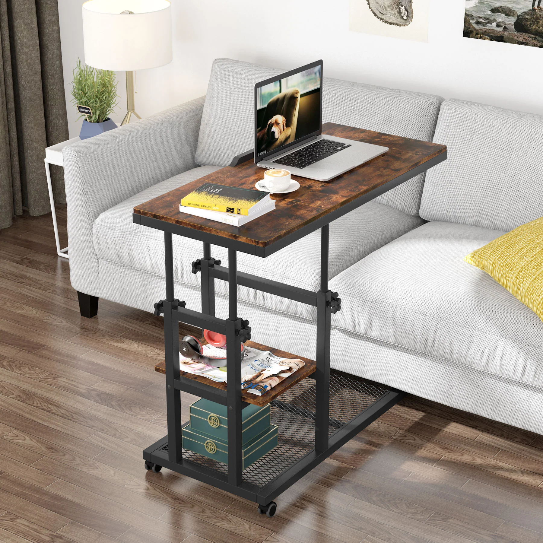 Height Adjustable C Table, Mobile Side Table with Tiltable Drawing Board - Image 4